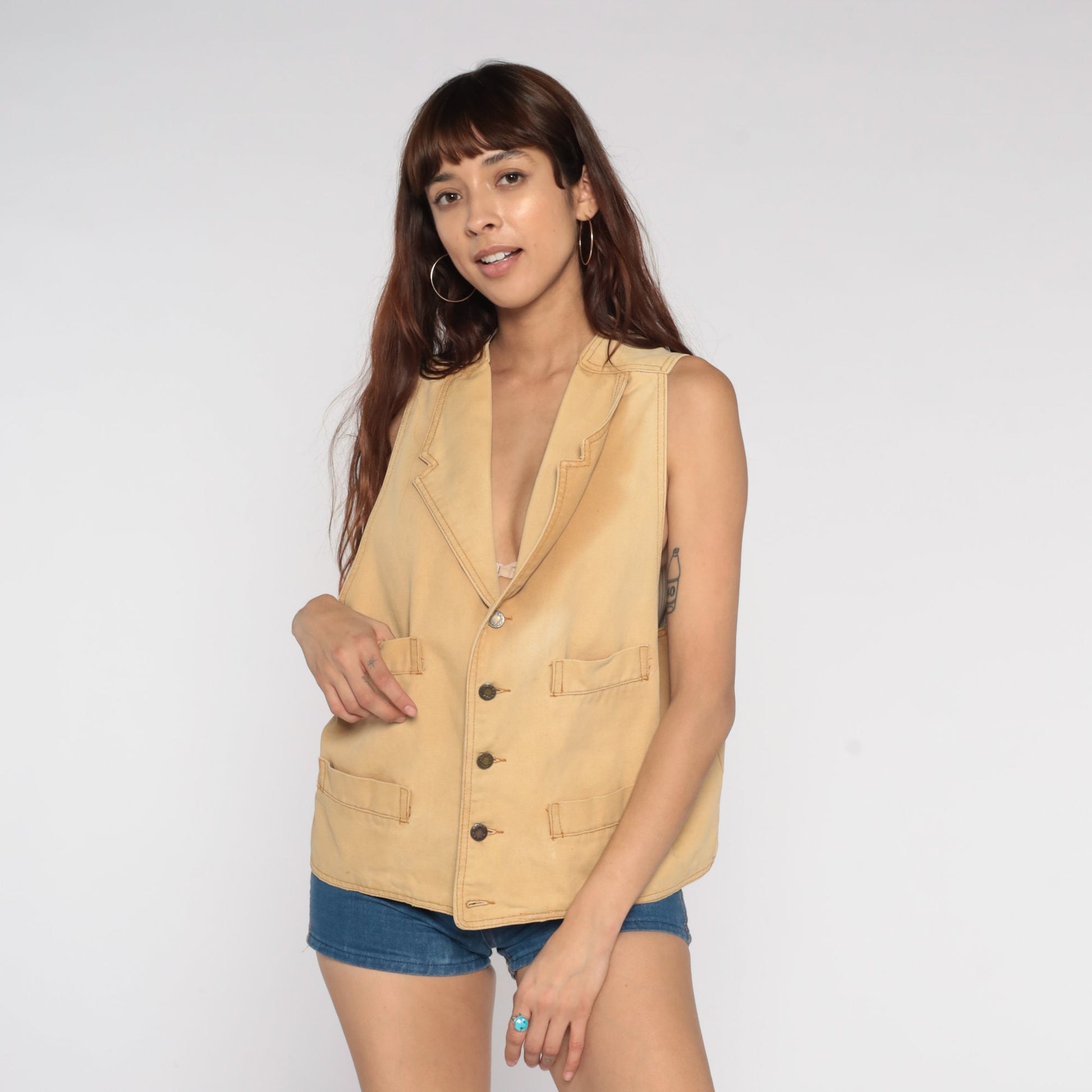 80s Tan Button-Up Vest Western Workwear Sleeveless Small