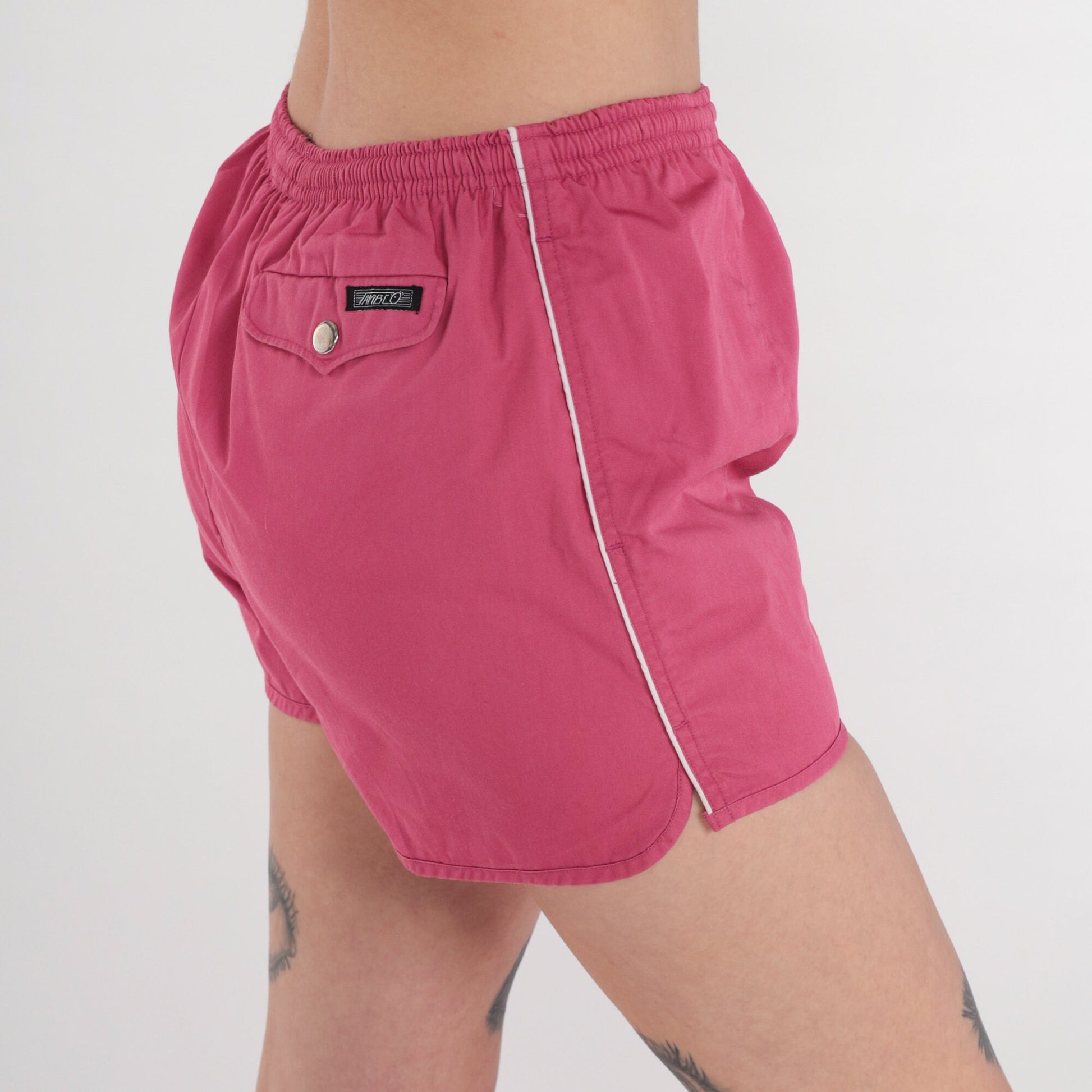 80s Pink Swim Trunks White Piping Elastic Waist Shorts Medium