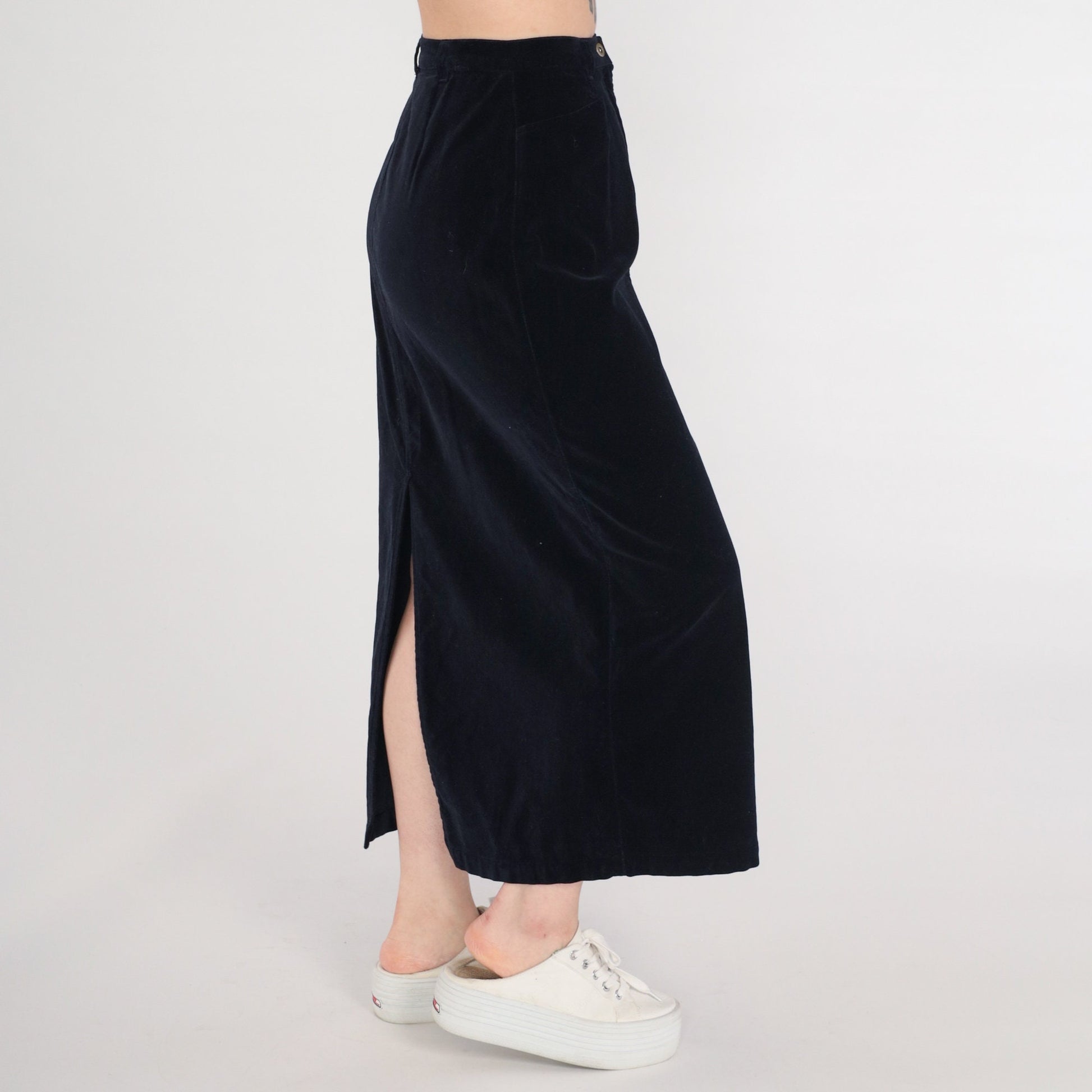 90s Black Velvet Maxi Pencil Skirt High Waist Rear Slit Small 4