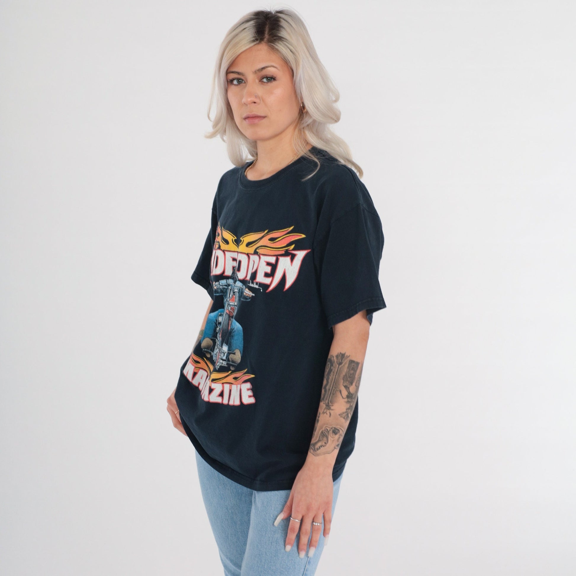 00s Wide Open Magazine Biker Graphic T-Shirt Black Flames Motorcycle Tee Large L