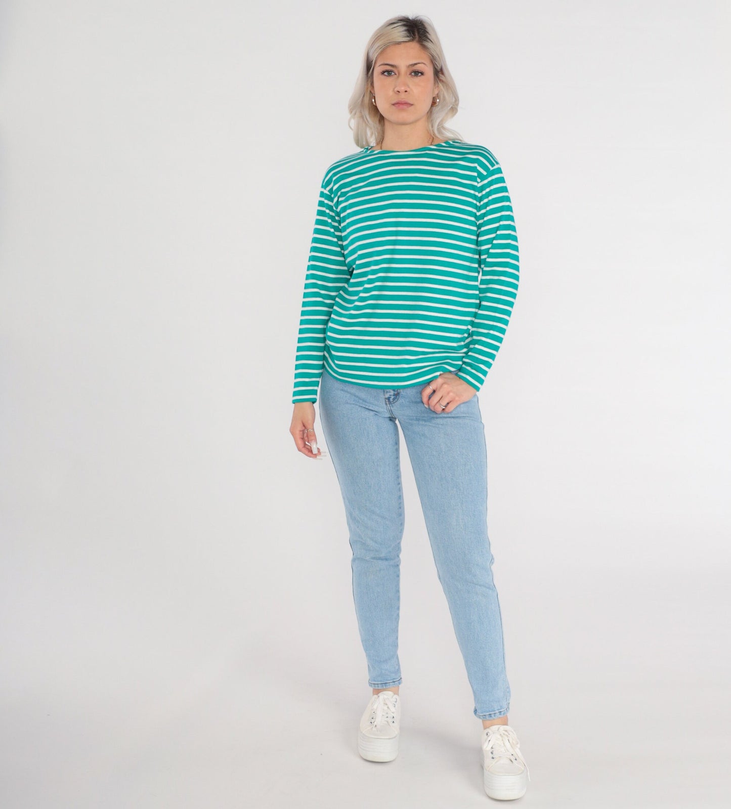 90s Green & White Striped Long Sleeve T-Shirt Cotton Tee Medium