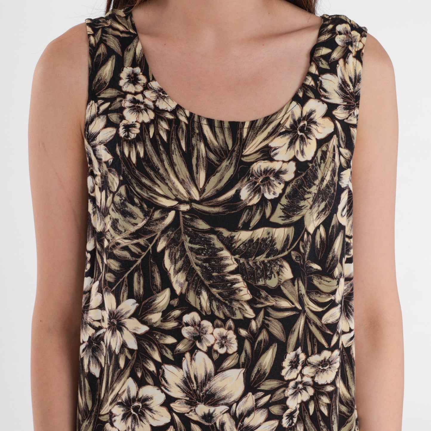 90s Black Floral Midi Dress Tropical Hibiscus Leaf Print Sleeveless Medium M