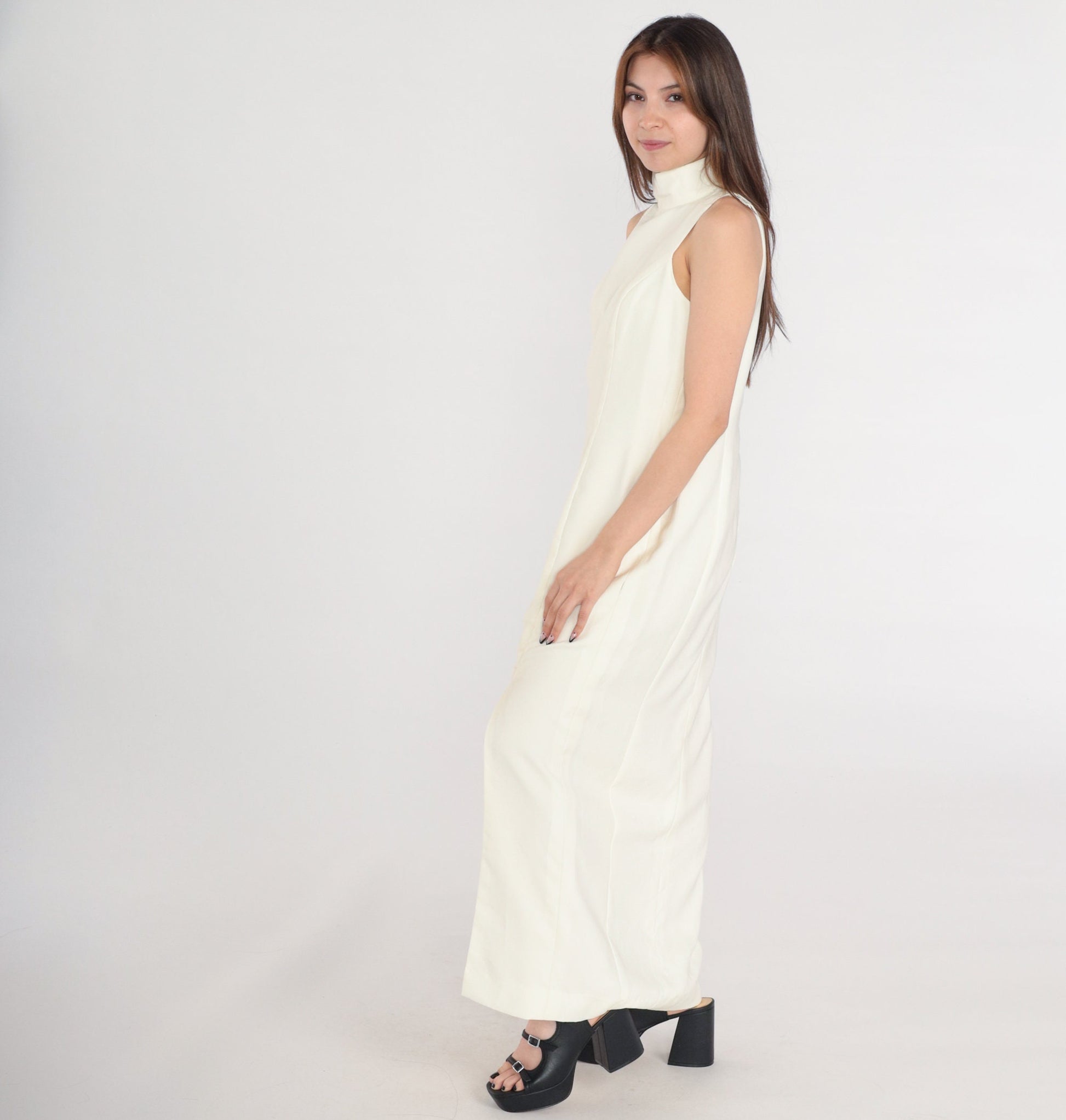 80s Cream Maxi Dress Sleeveless Mock Neck High Slit Evening Gown Small
