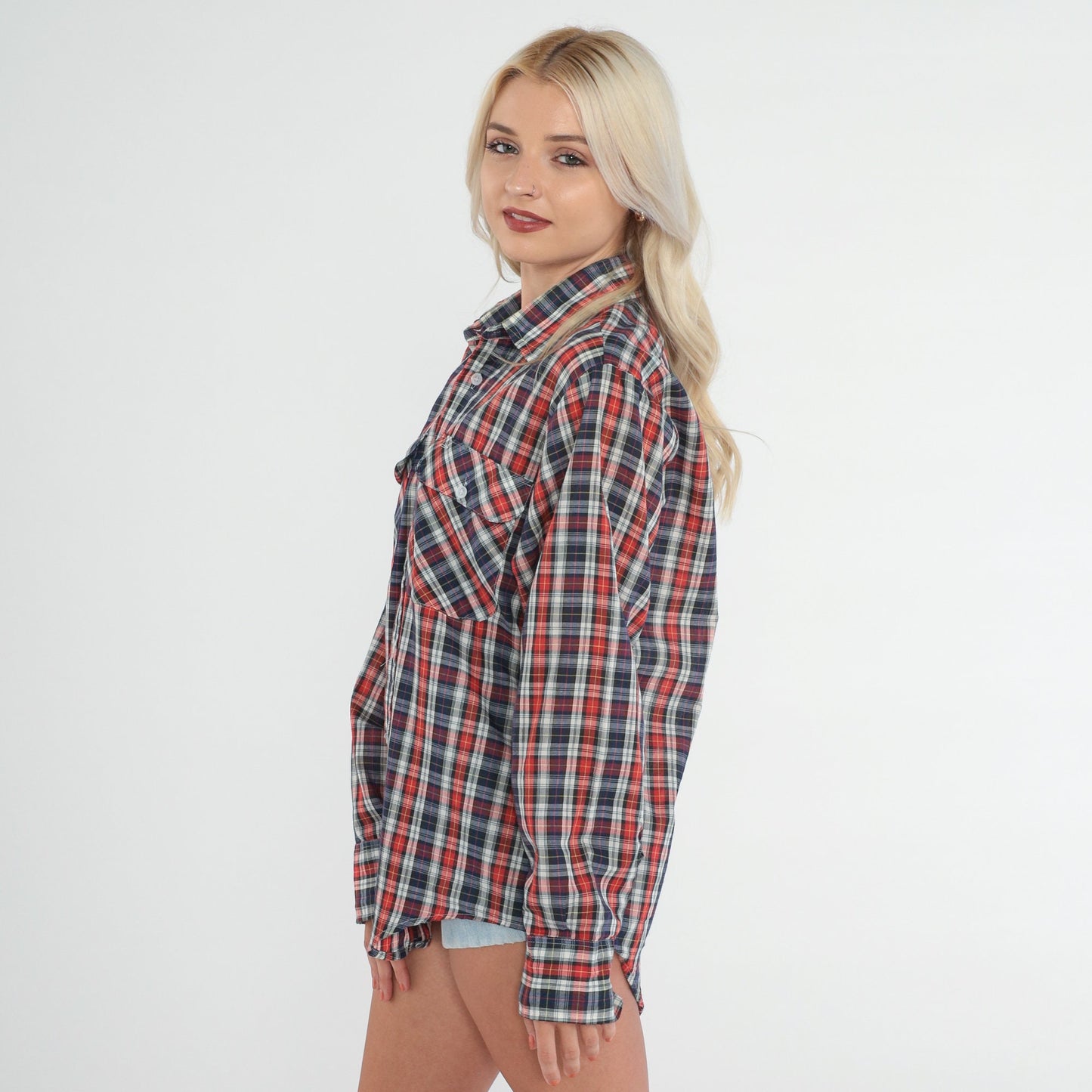 80s Montgomery Ward Plaid Button Up Shirt Red White Blue Checkered Medium
