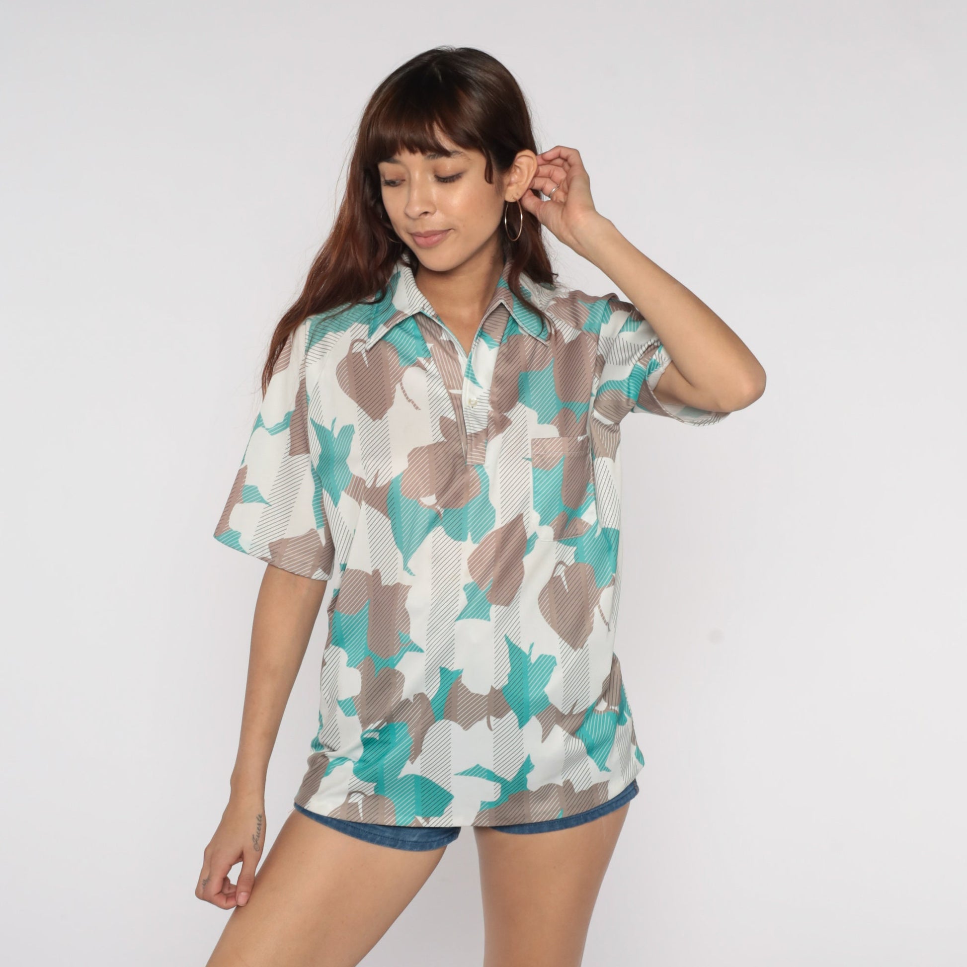 70s Dache of California Polo Shirt Abstract Leaf Print White Taupe Men's Medium
