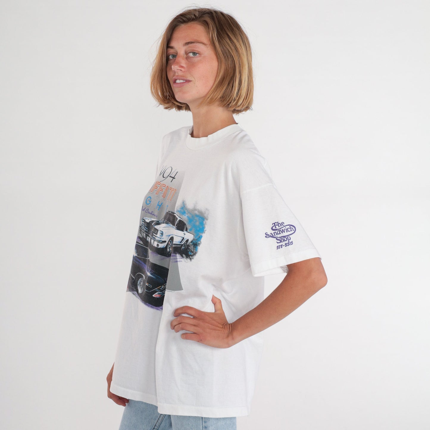 90s Graffiti Night Hot Rod Graphic T-Shirt White Cotton Single Stitch Extra Large XL