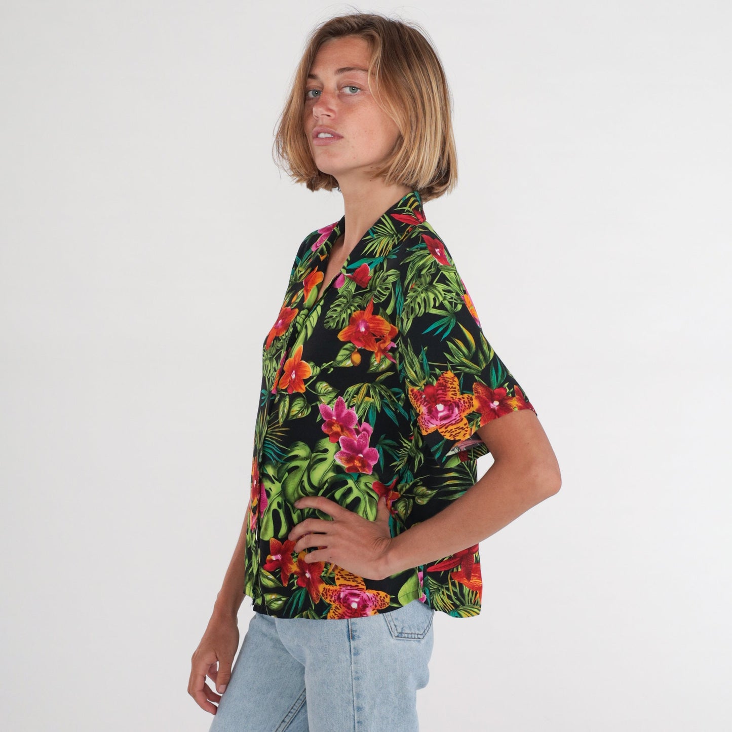90s Tropical Floral Button-Up Blouse Black Hibiscus Short Sleeve Medium