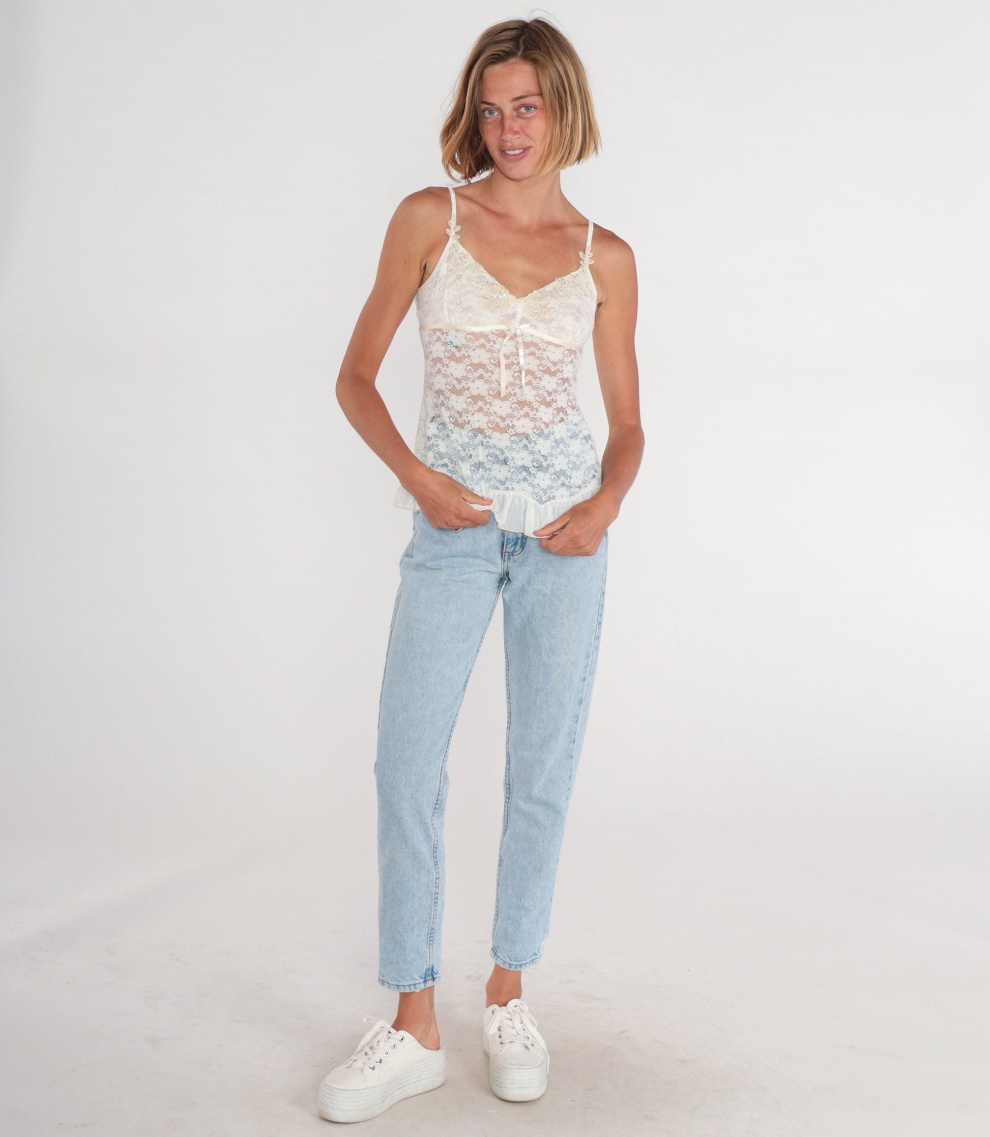 Y2K White Lace Camisole Sheer Floral Beaded Empire Waist Ruffled Small