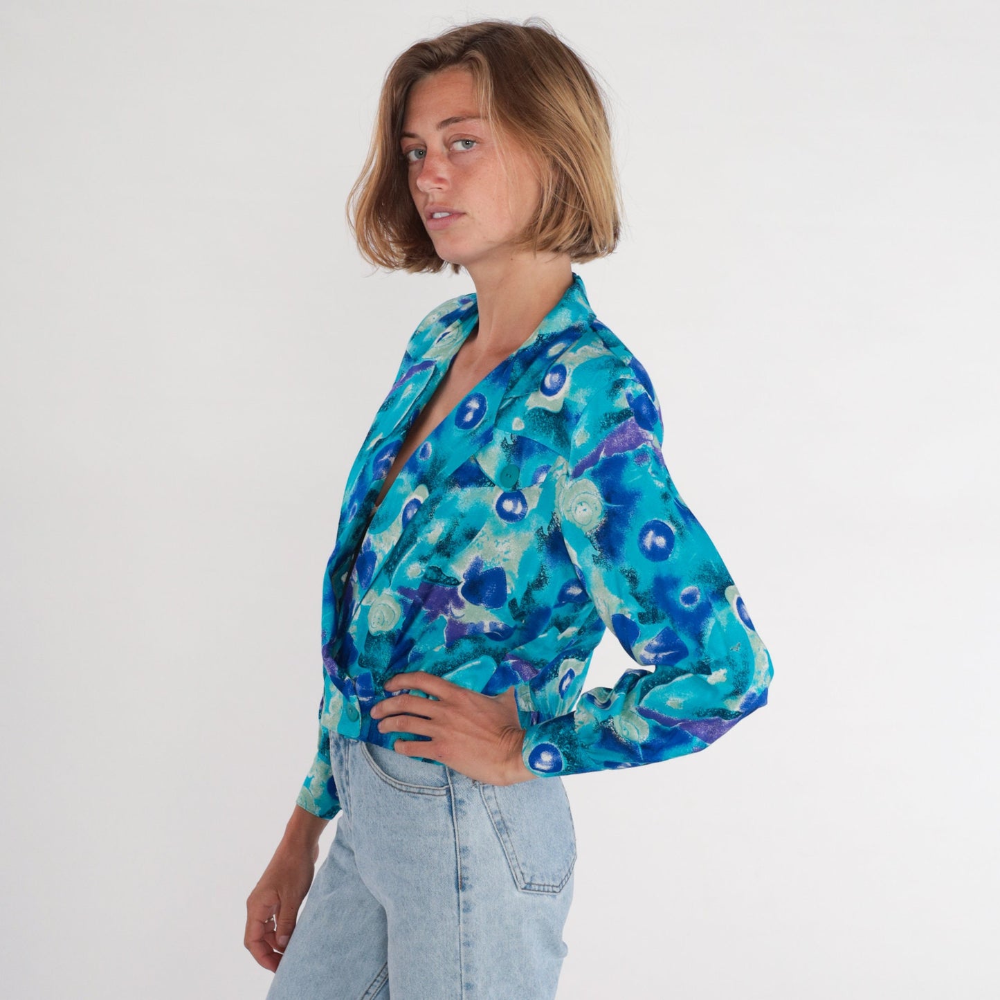 90s P.S Sport Abstract Blue Cropped Blazer Double Breasted Small