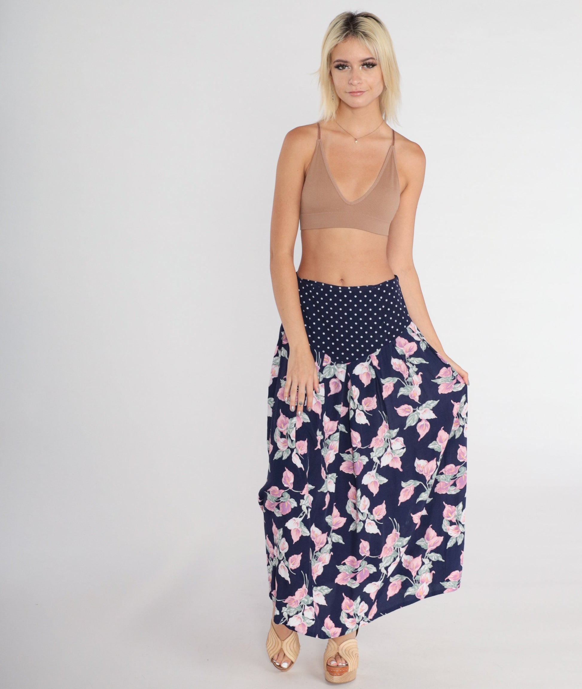 80s Navy Polka Dot Floral Maxi Skirt High Waist Basque Pleated Medium M