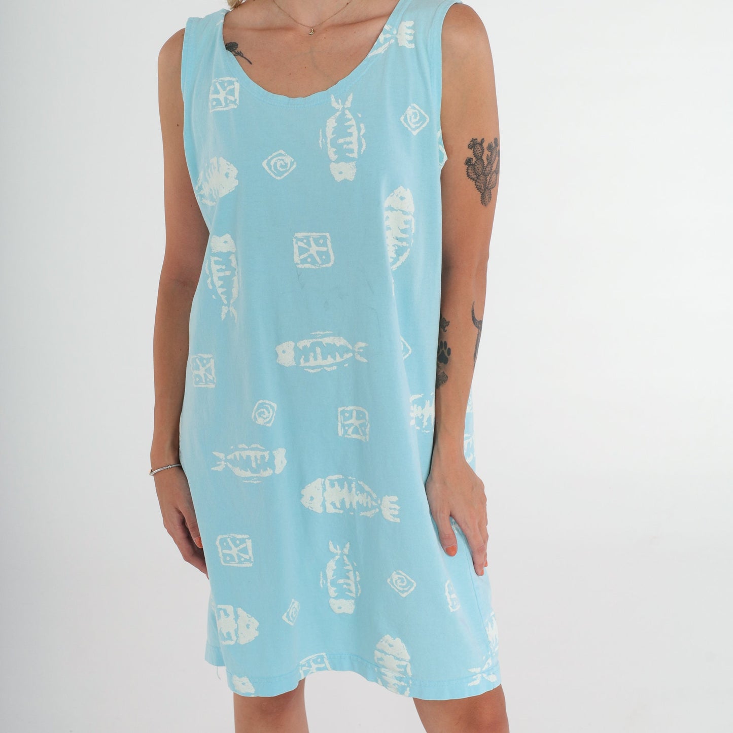 90s Fish Print Sundress Aqua Blue Sleeveless Shift Mini Dress Small