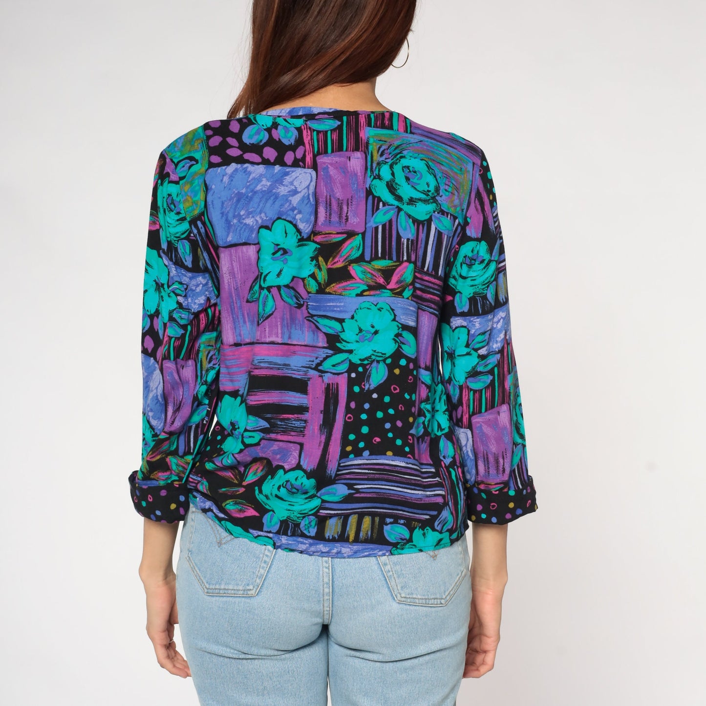 90s Patchwork Floral Polka Dot Blouse Cuffed Sleeve Black Purple Turquoise Medium
