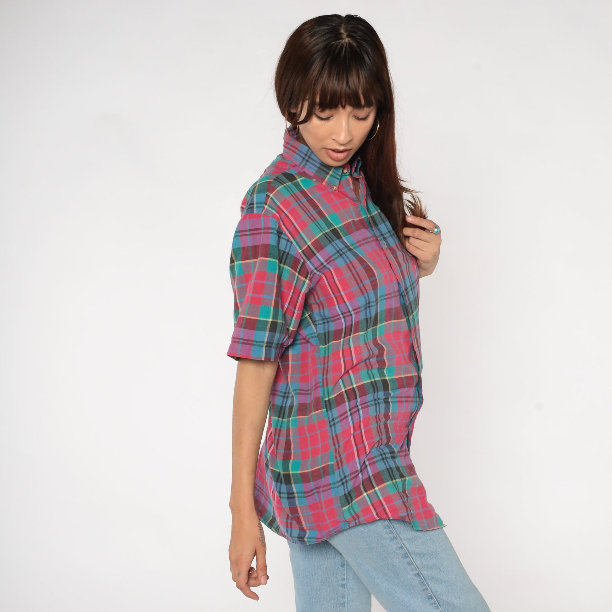 90s Plaid Button-Up Shirt Pink Blue Green Checkered Cotton Medium M