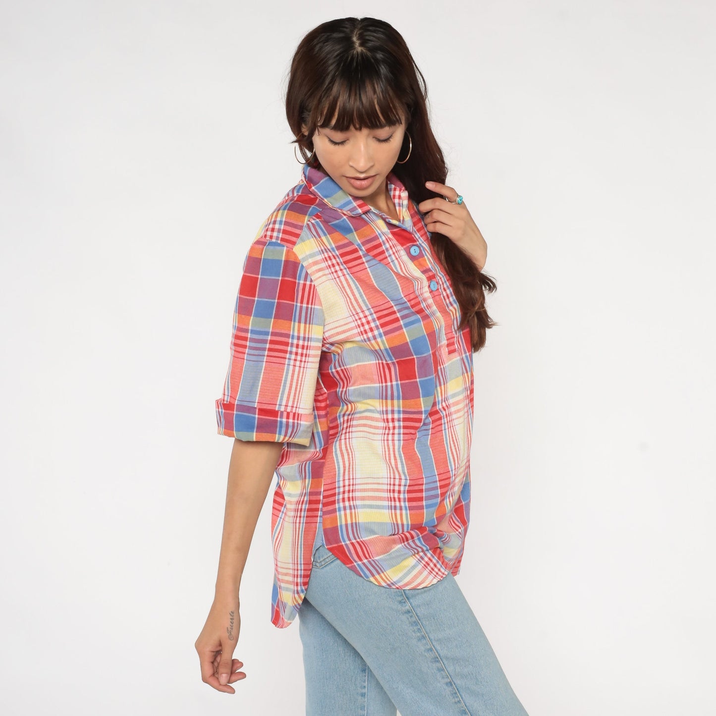80s Plaid Cotton Blouse Short Sleeve Button-Up Shirt Red Blue Yellow Large L