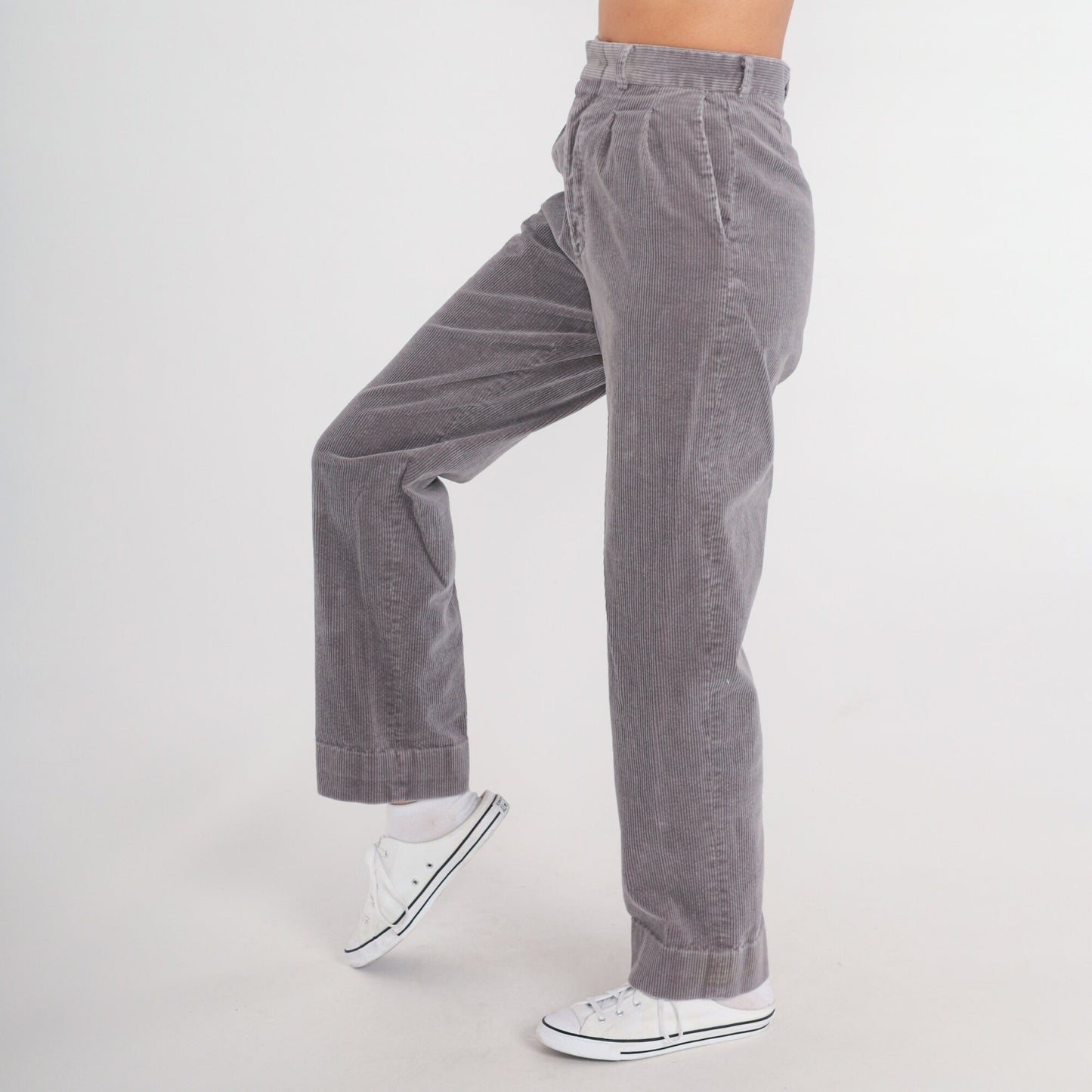 80s Grey Corduroy High-Waist Pleated Straight-Leg Trousers Extra Small