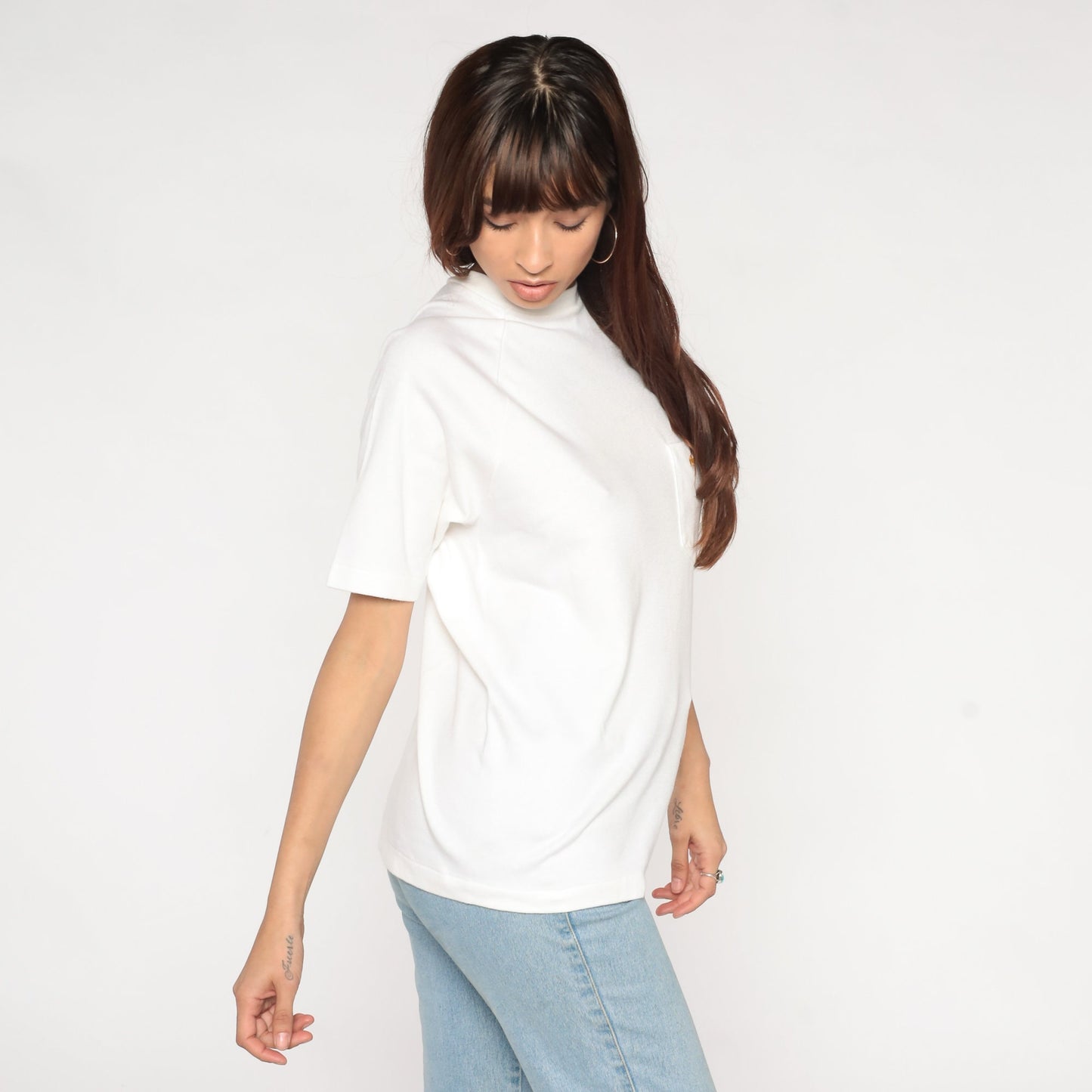80s White Raglan Sleeve T-Shirt Embroidered Eagle Chest Pocket Cotton Medium
