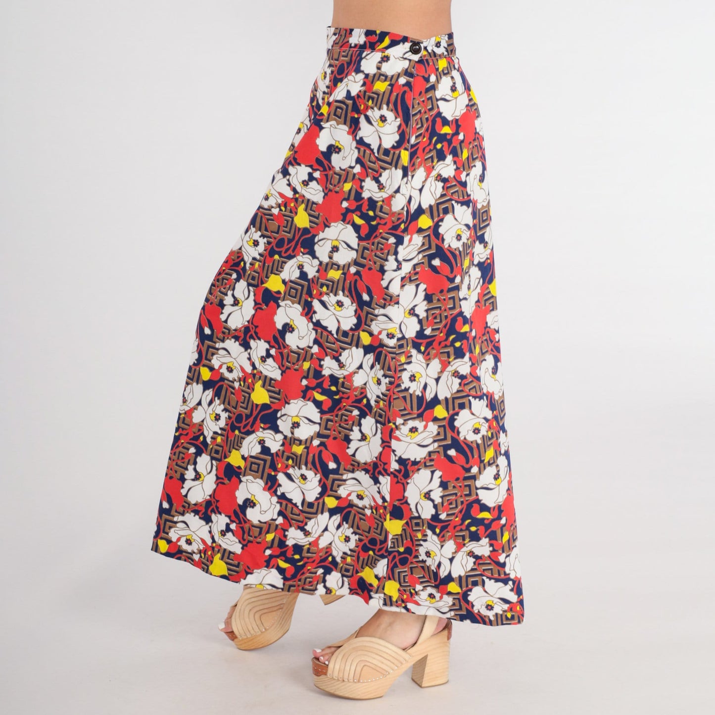 70s Psychedelic Floral Maxi Skirt High Waist Zipper Red White Blue Medium