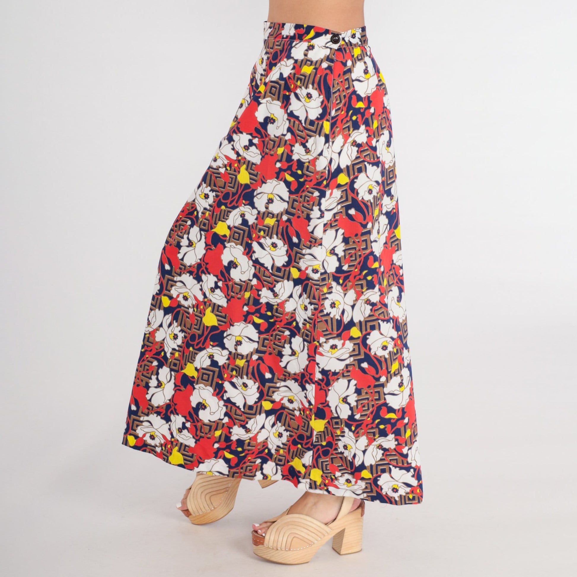 70s Psychedelic Floral Maxi Skirt High Waist Zipper Red White Blue Medium