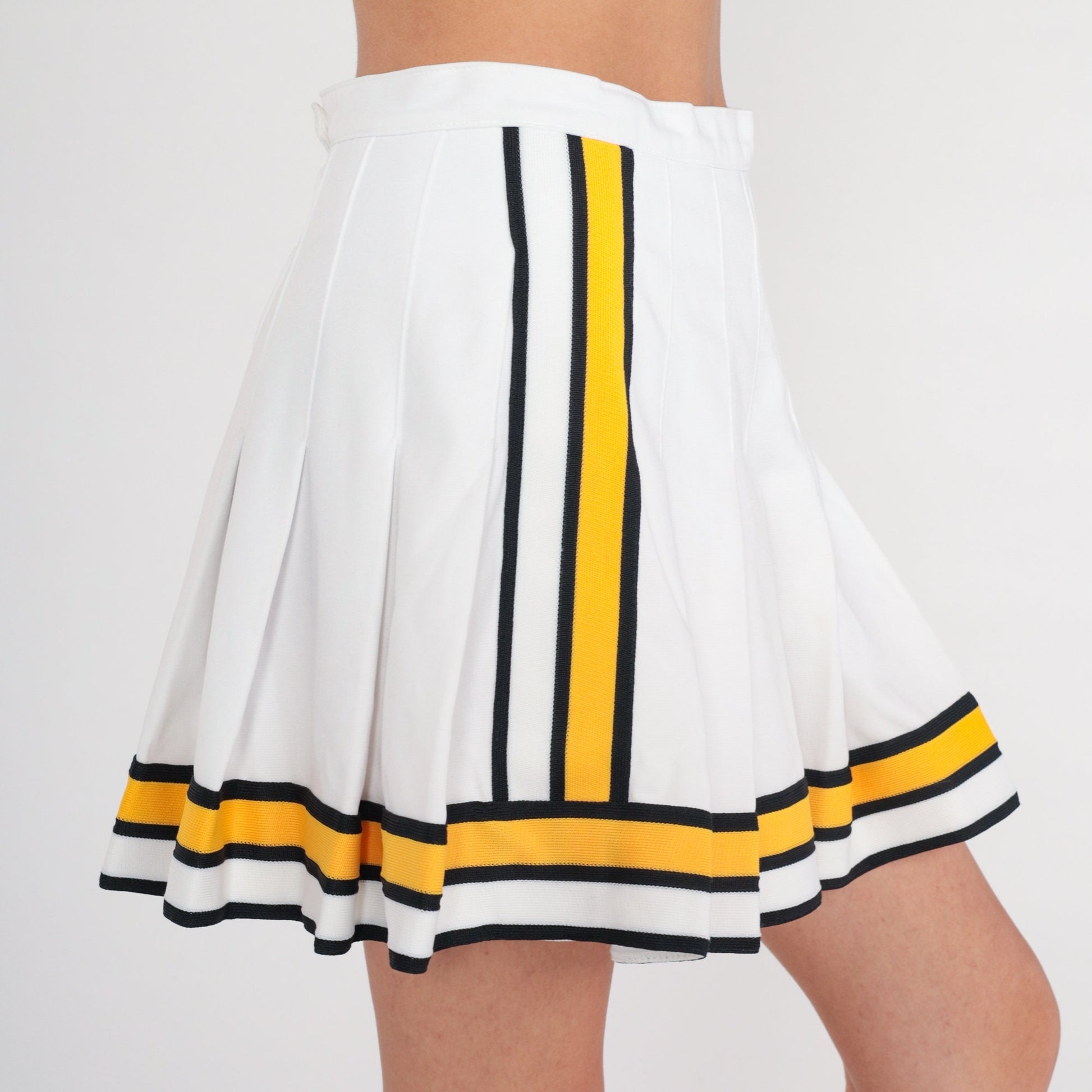 90s White Pleated Mini Skirt Yellow Black Striped High Waisted Small
