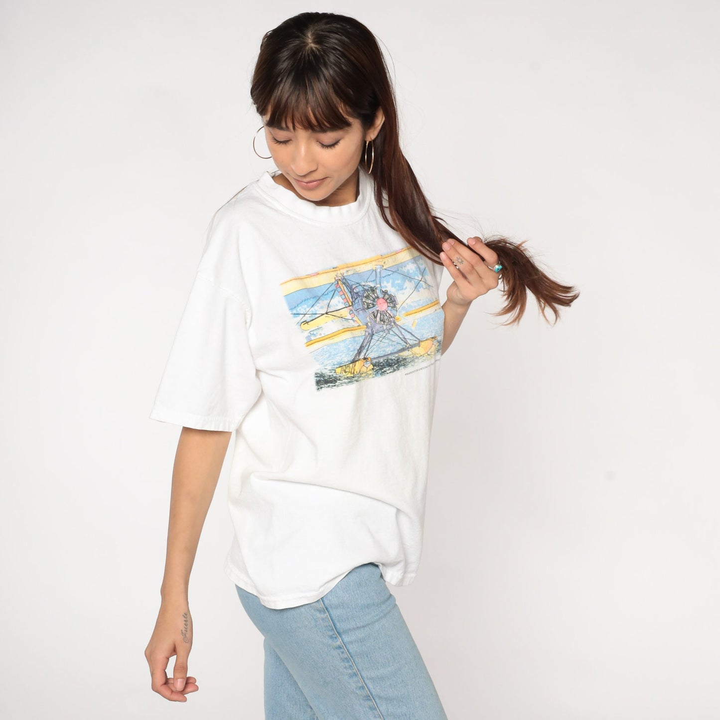 1990s Seaplane Graphic T-Shirt Washington and Beyond Aviation Tee White Large