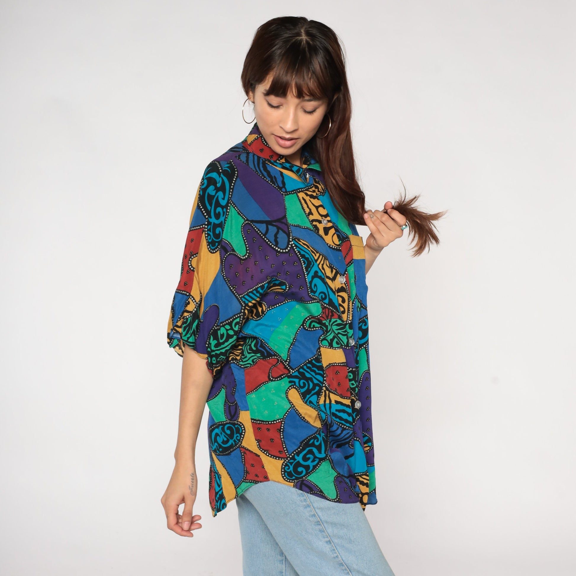 90s Abstract Patchwork Button-Up Blouse Psychedelic Print Extra Large