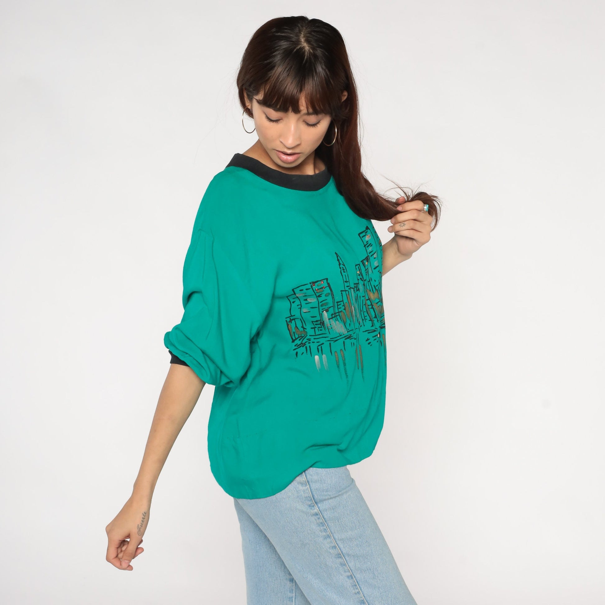 80s City Skyline Rhinestone Blouse Green Semi-Sheer Ringer Trim Medium