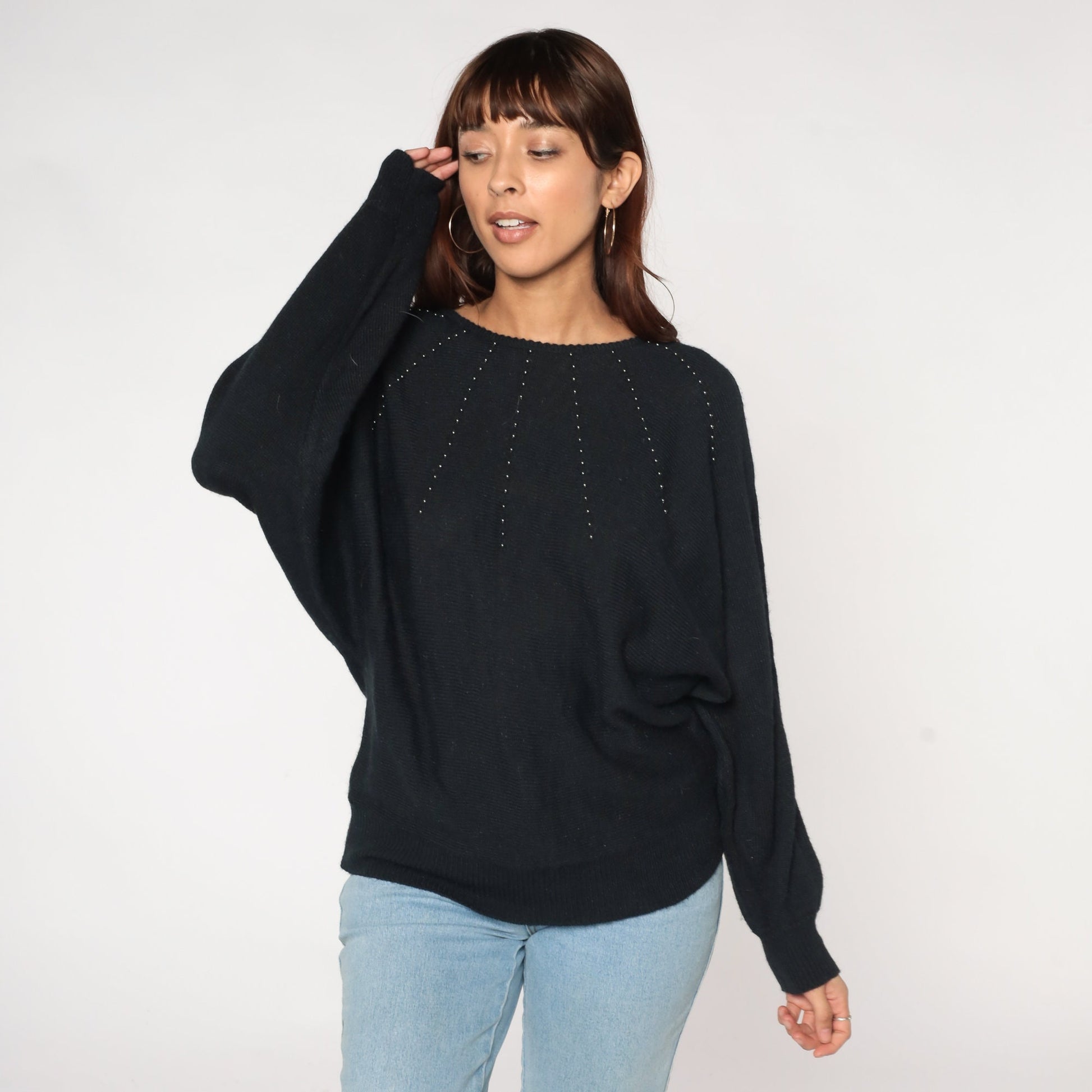 80s Black Beaded Knit Sweater Batwing Dolman Sleeve Pullover Small Medium