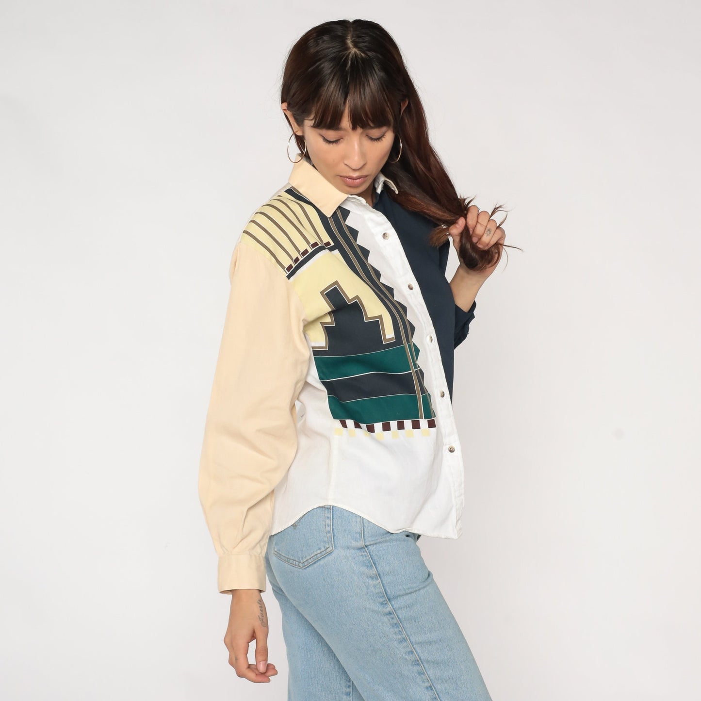 90s Western Blouse Color Block Geometric Print Button Up Medium