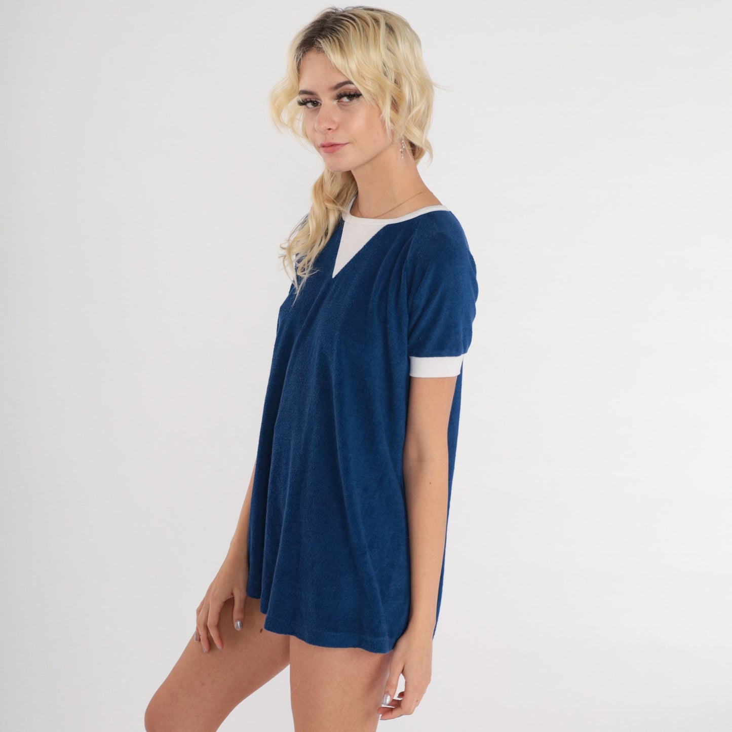 80s Jeannete Maternity Navy Terry Cloth Ringer Tee Raglan Sleeve Small