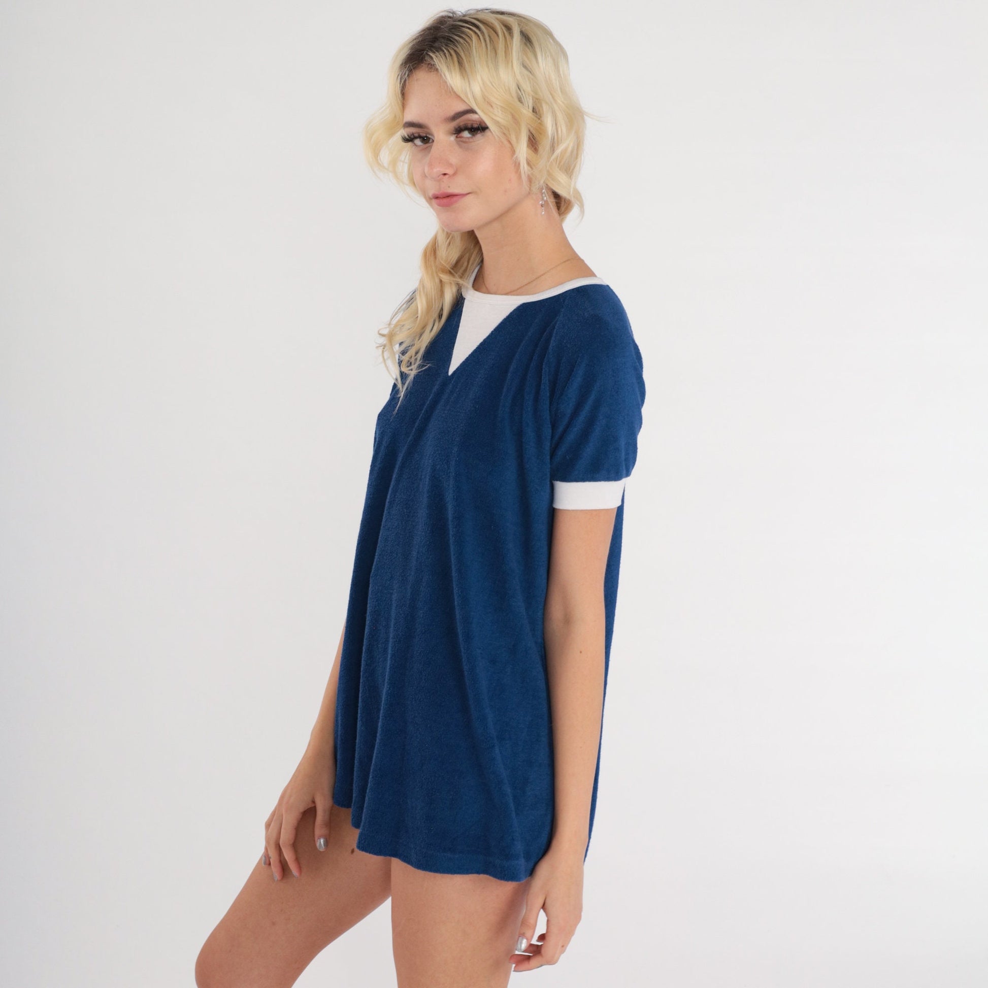 80s Jeannete Maternity Navy Terry Cloth Ringer Tee Raglan Sleeve Small