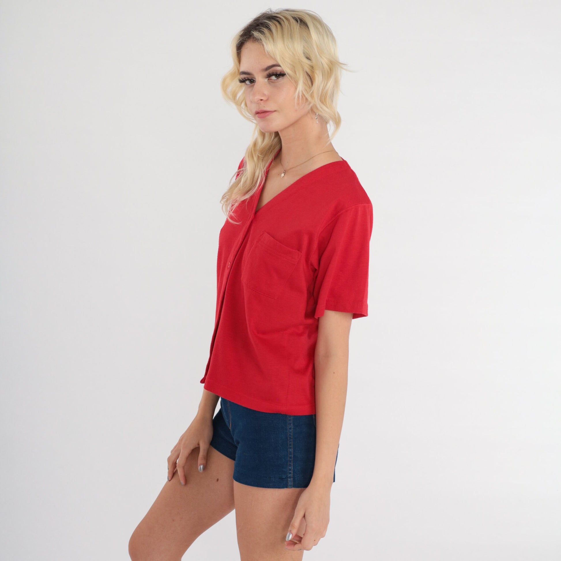 80s Red Button-Up Shirt V-Neck Short Sleeve Cotton Blend Small