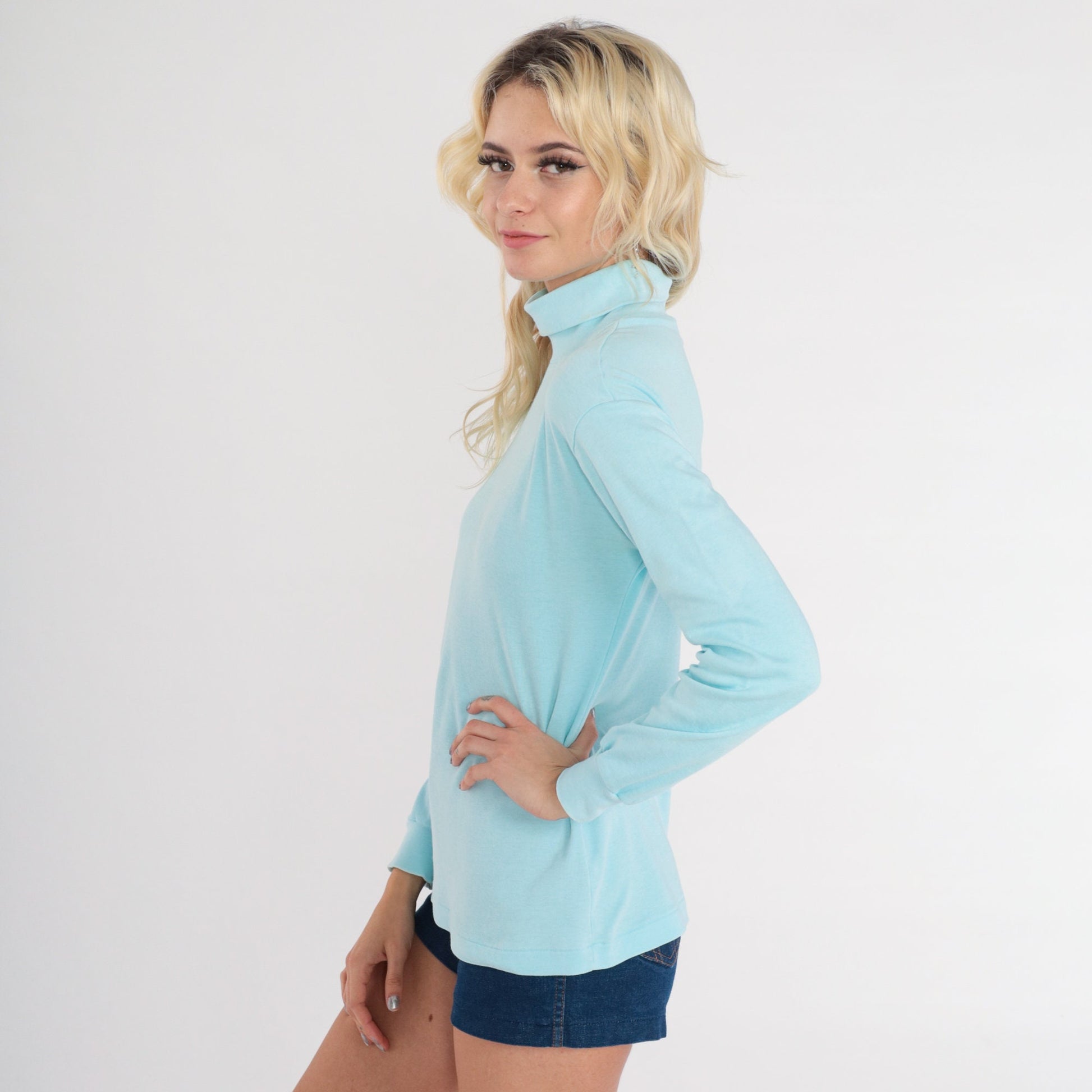 80s Skyr Baby Blue Turtleneck Long Sleeve Cotton Knit Small