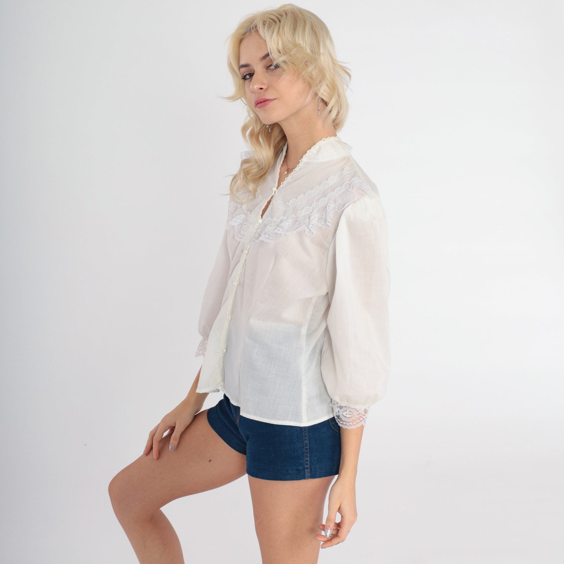 80s White Victorian Blouse Lace Bib Tuxedo Puff Sleeve Button-Up Medium