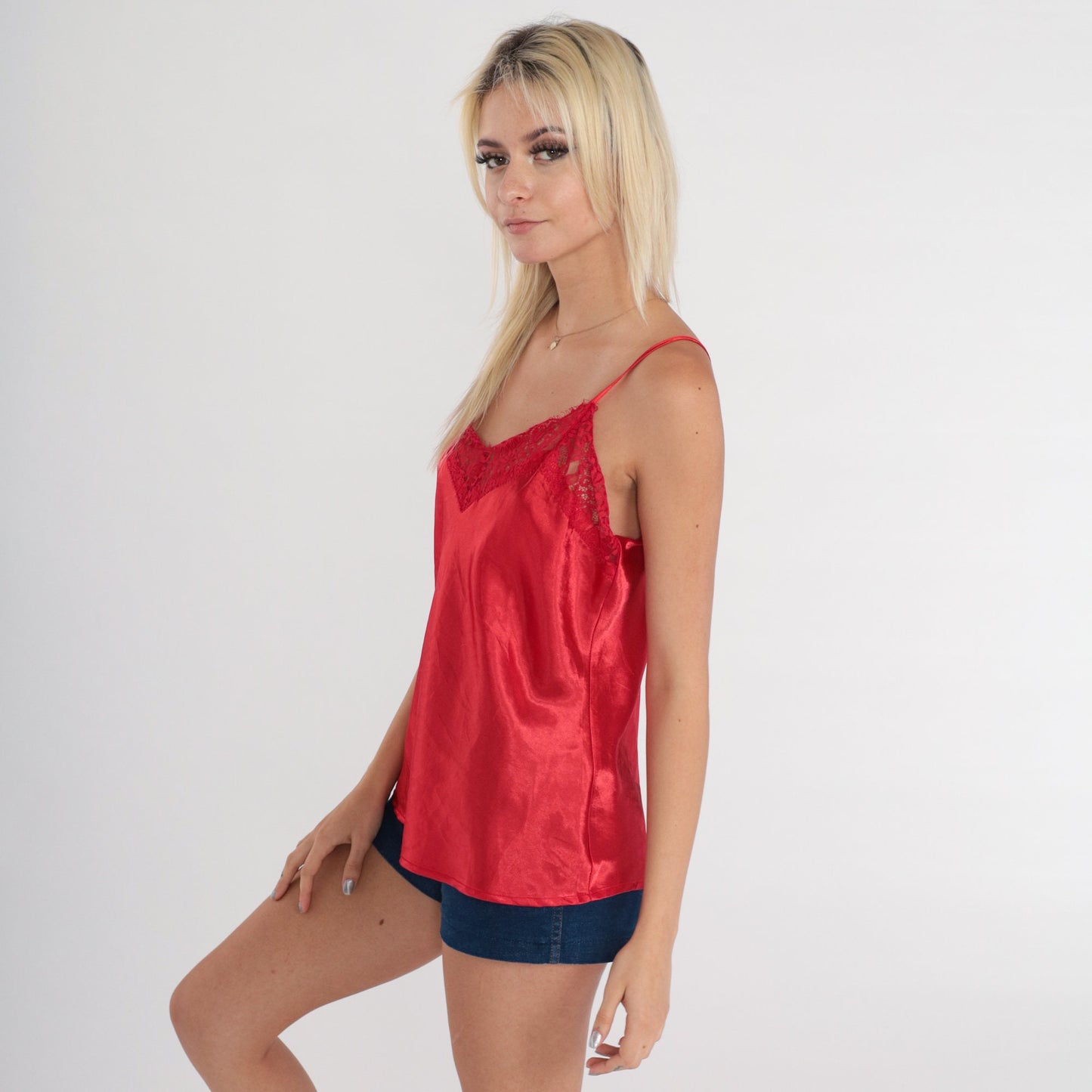 90s Red Lace Camisole Tank Top Vintage Lingerie Medium M