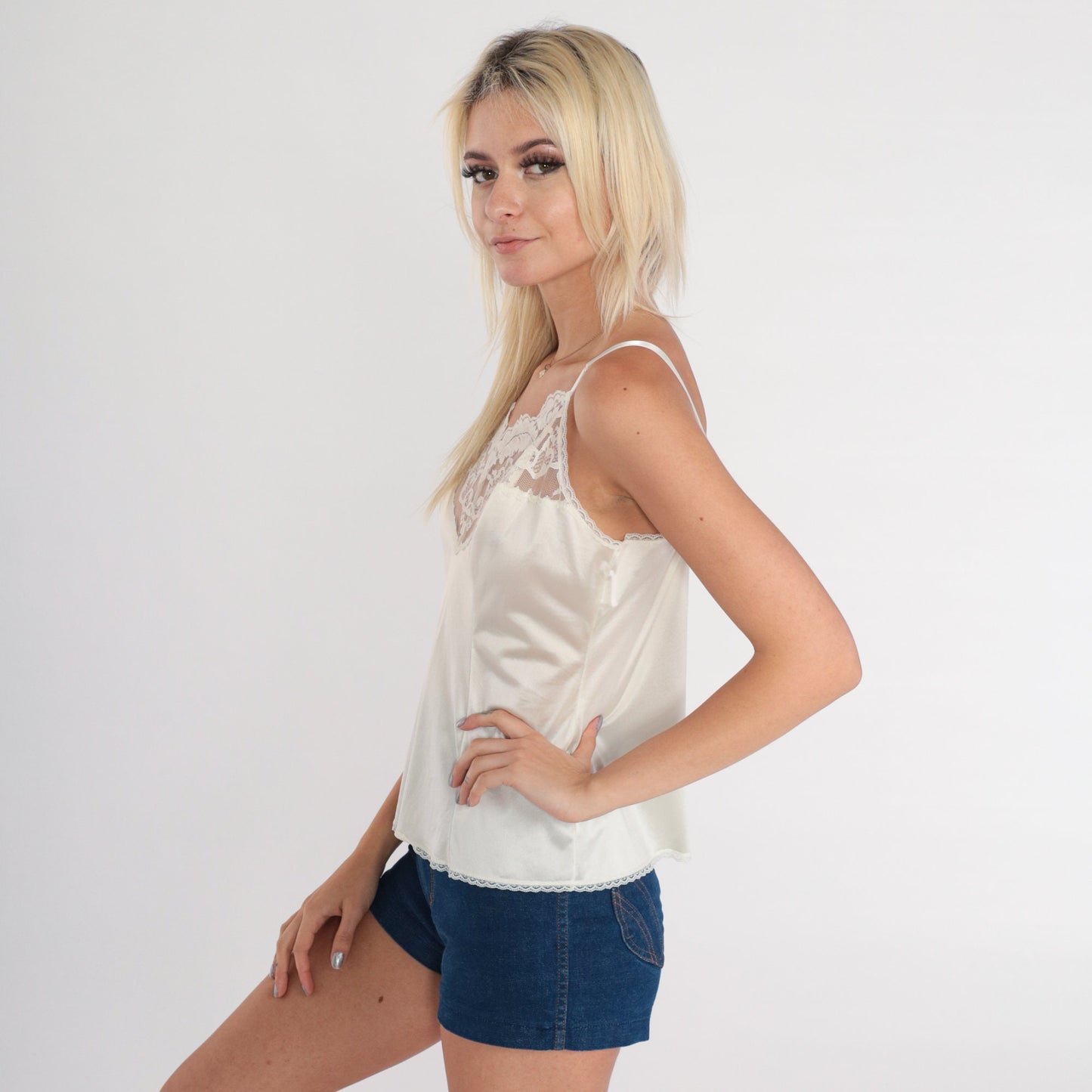 70s Ivory Lace Camisole Tank Top Adjustable Spaghetti Strap Medium M