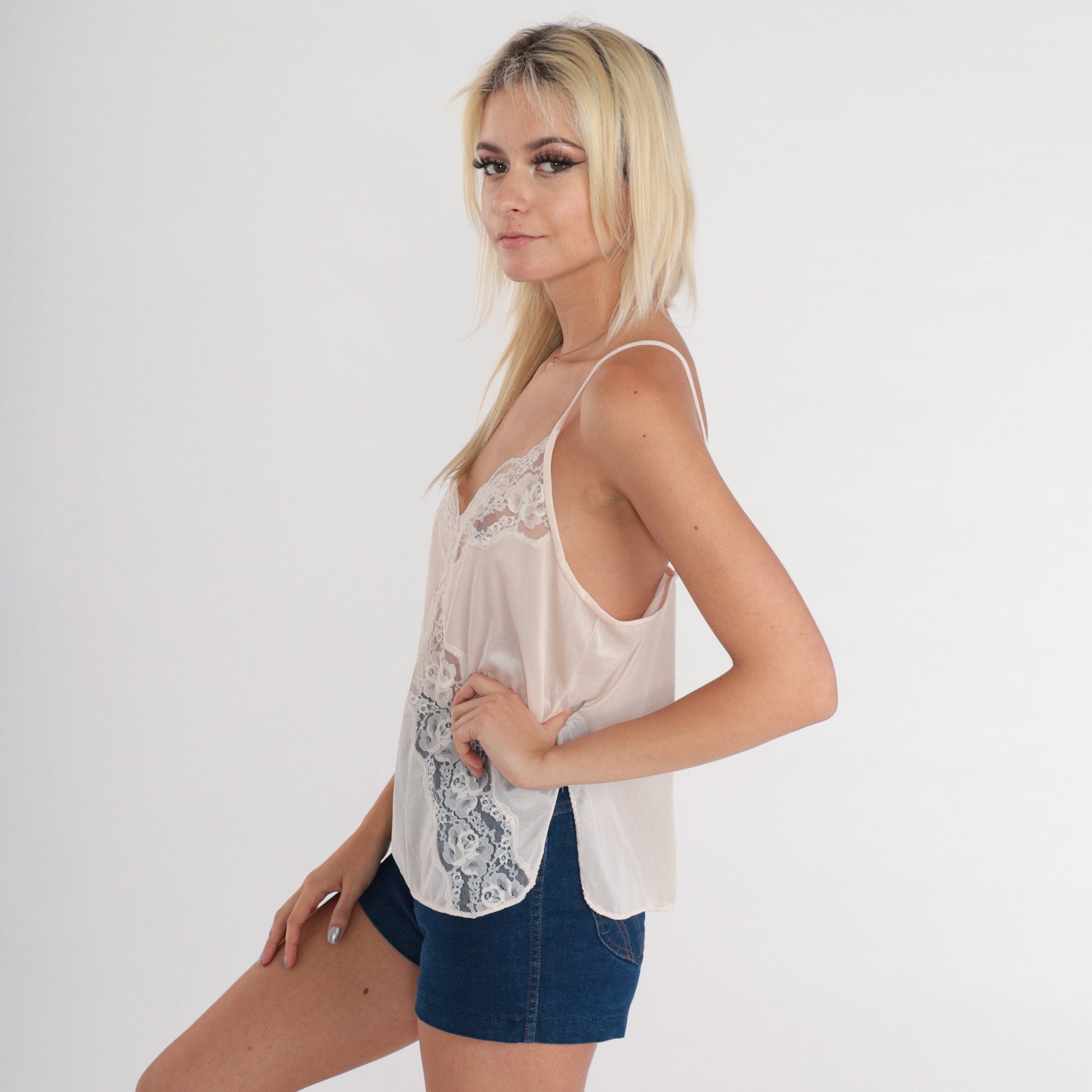 70s Floral Lace Camisole White Spaghetti Strap Tank Top Medium M
