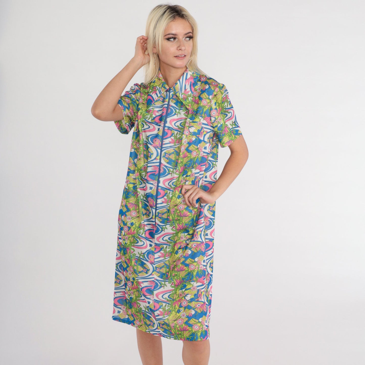 70s Psychedelic Floral Midi Shift Dress Zip Front Collar Short Sleeve Large L