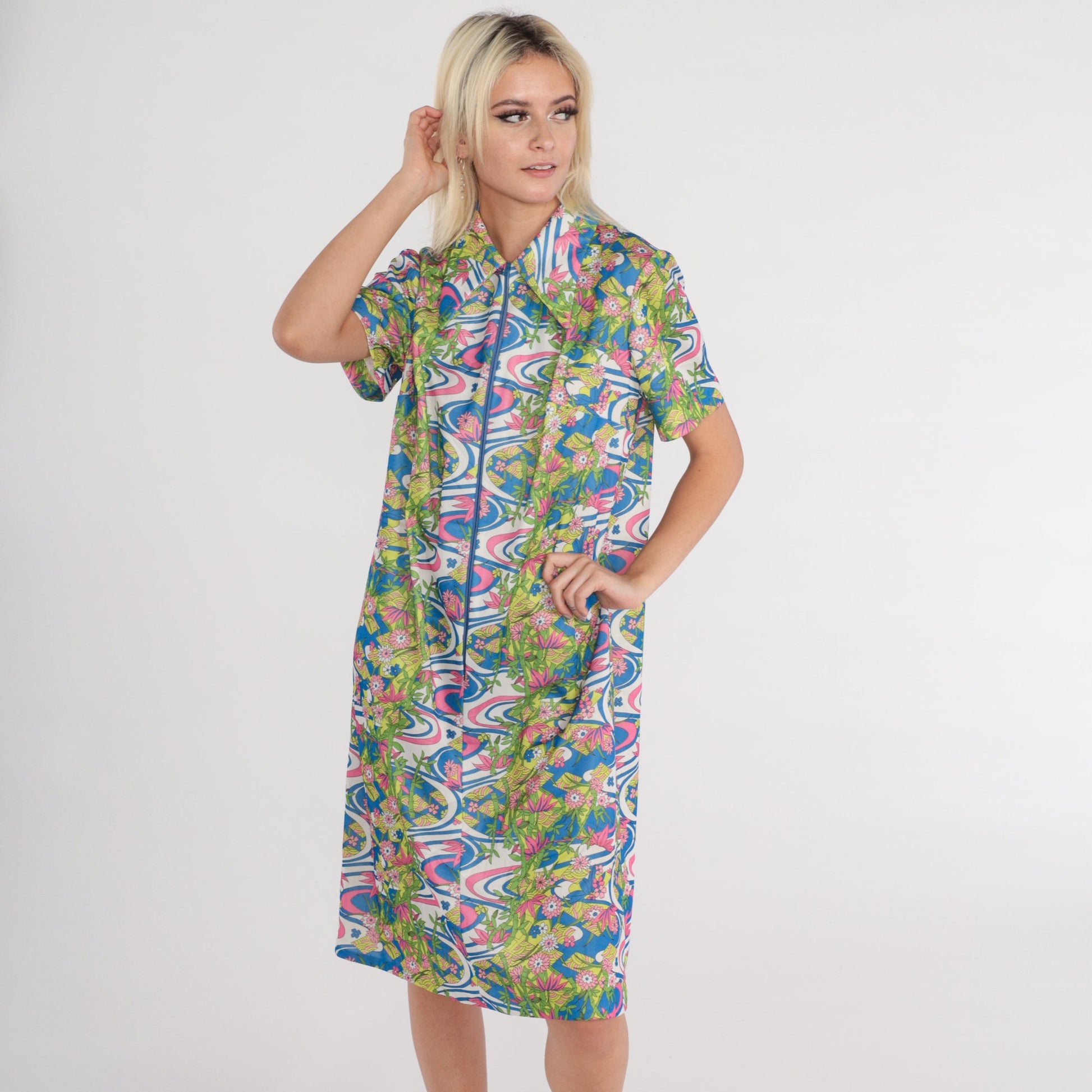 70s Psychedelic Floral Midi Shift Dress Zip Front Collar Short Sleeve Large L