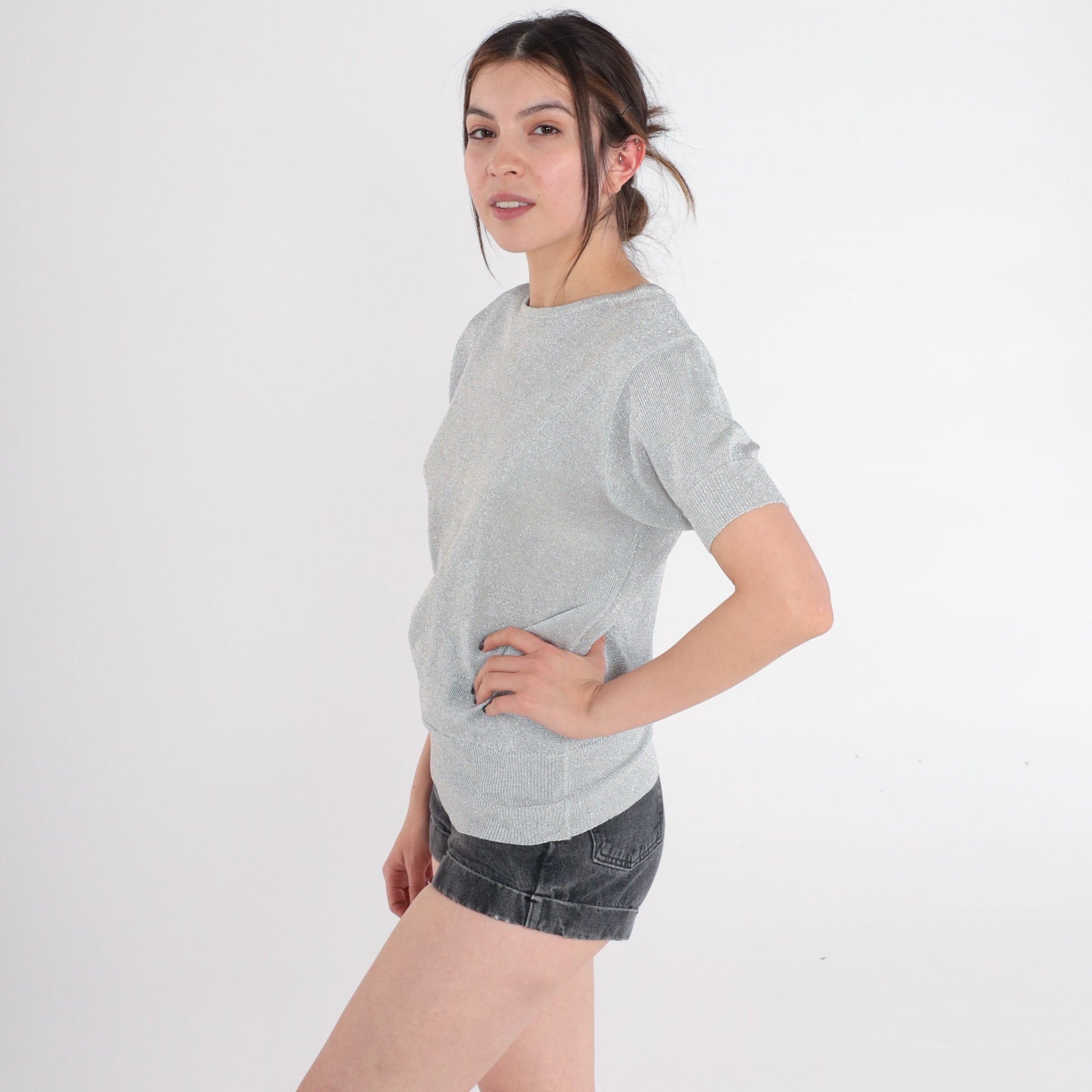80s Silver Metallic Knit Top Short Sleeve Sweater Small S