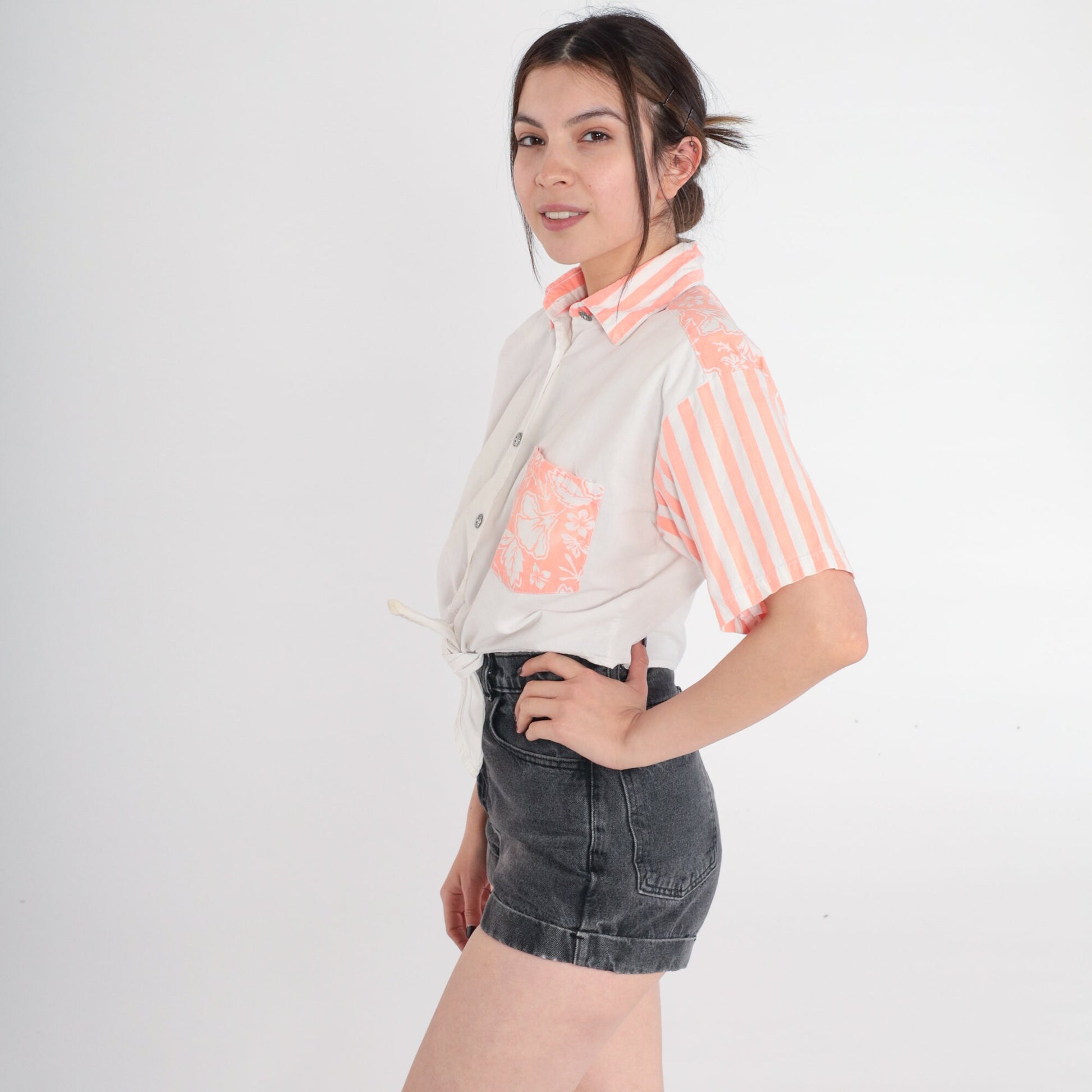 90s Gitano Tropical Floral Crop Top White Peach Striped Button Up Small