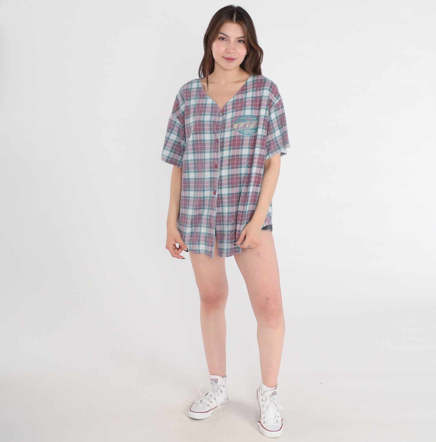 90s Latte Sport Plaid Button Up Shirt Short Sleeve Large L