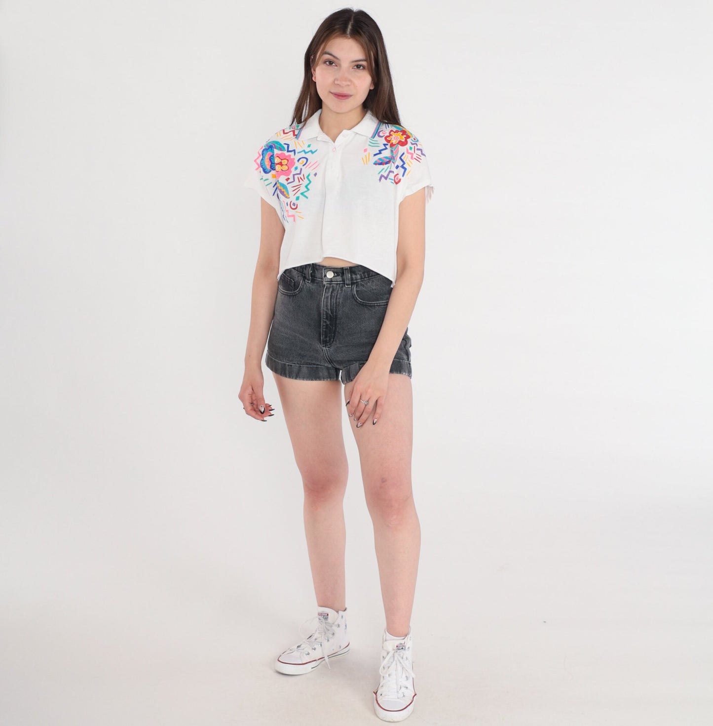 90s Lily's Floral Polo Crop Top White Abstract Print Collared Small