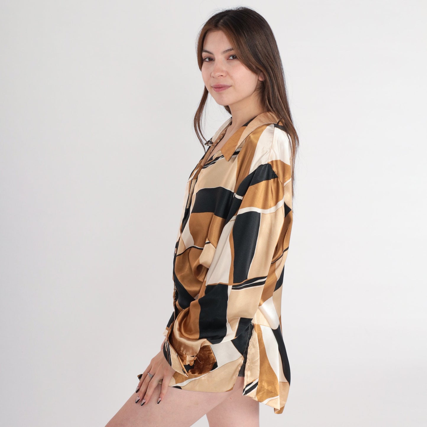 Y2K Abstract Print Button-Up Blouse Long Sleeve Brown Black Cream Extra Large