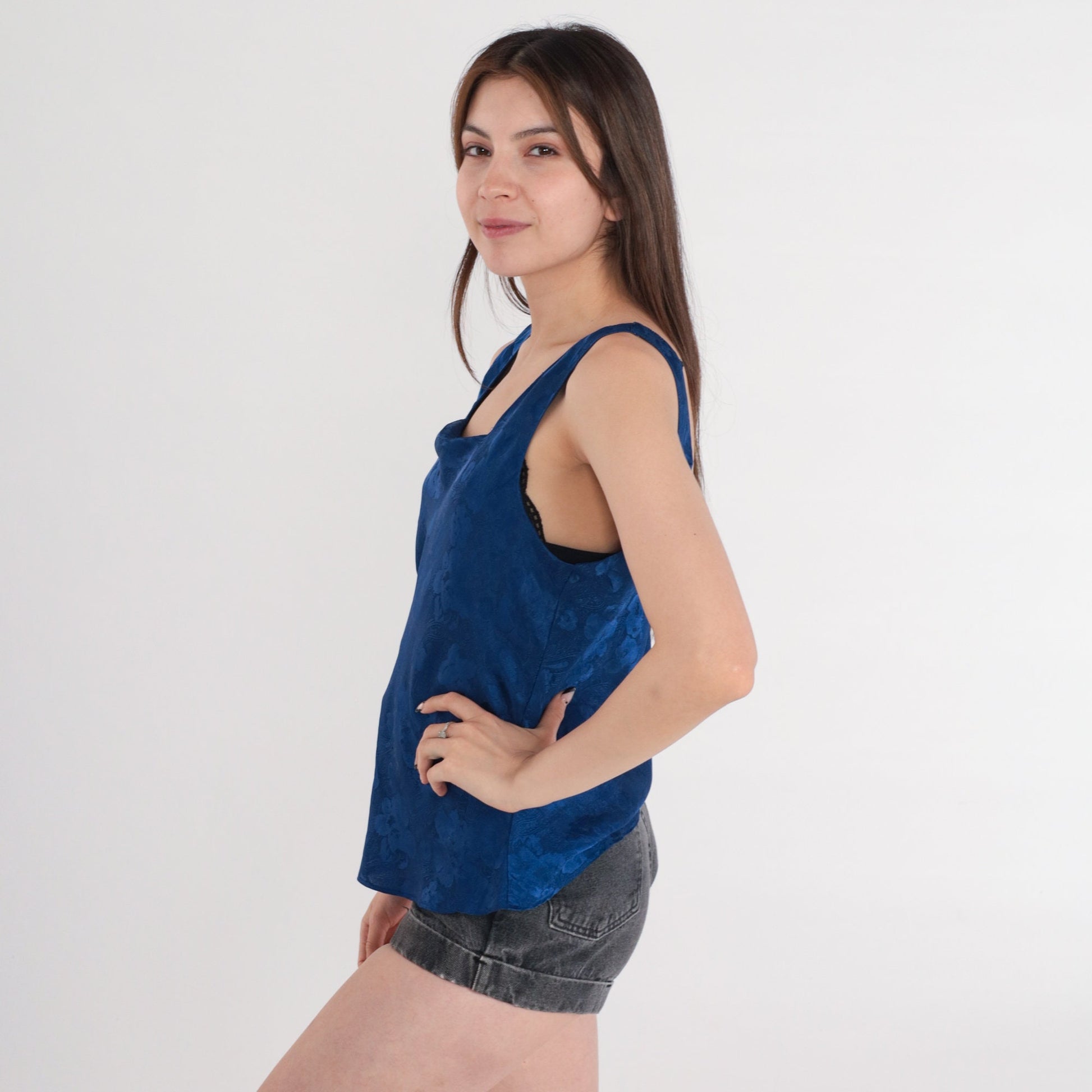 90s Navy Floral Embossed Satin Camisole Tank Top Medium M