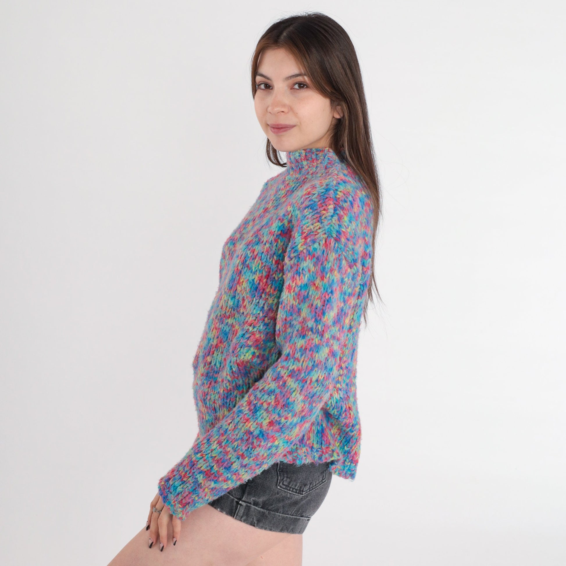 Y2K Space Dye Mockneck Sweater Multicolor Chunky Knit Pullover XS