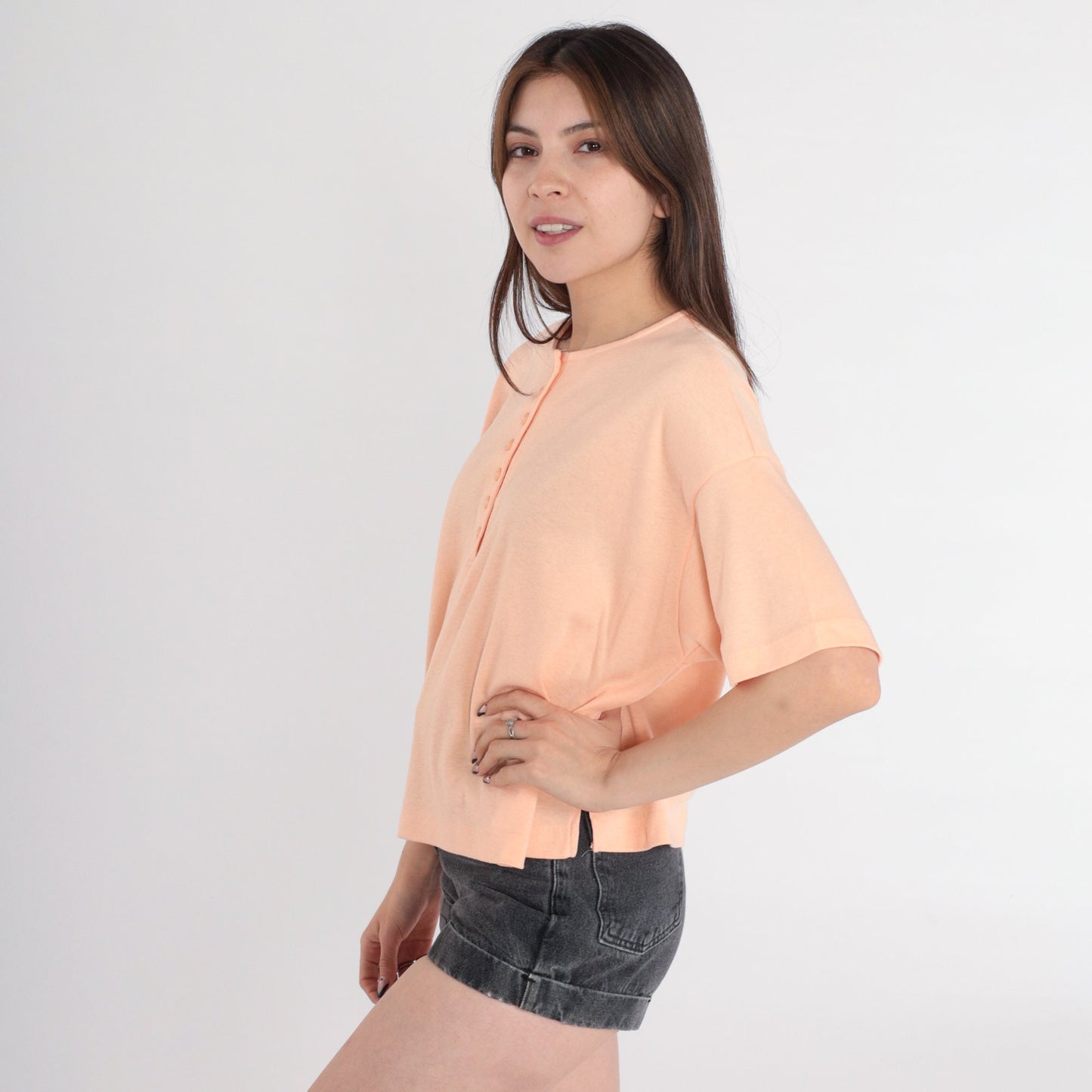 80s Catalina Peach Henley T-Shirt Cotton Single Stitch Medium