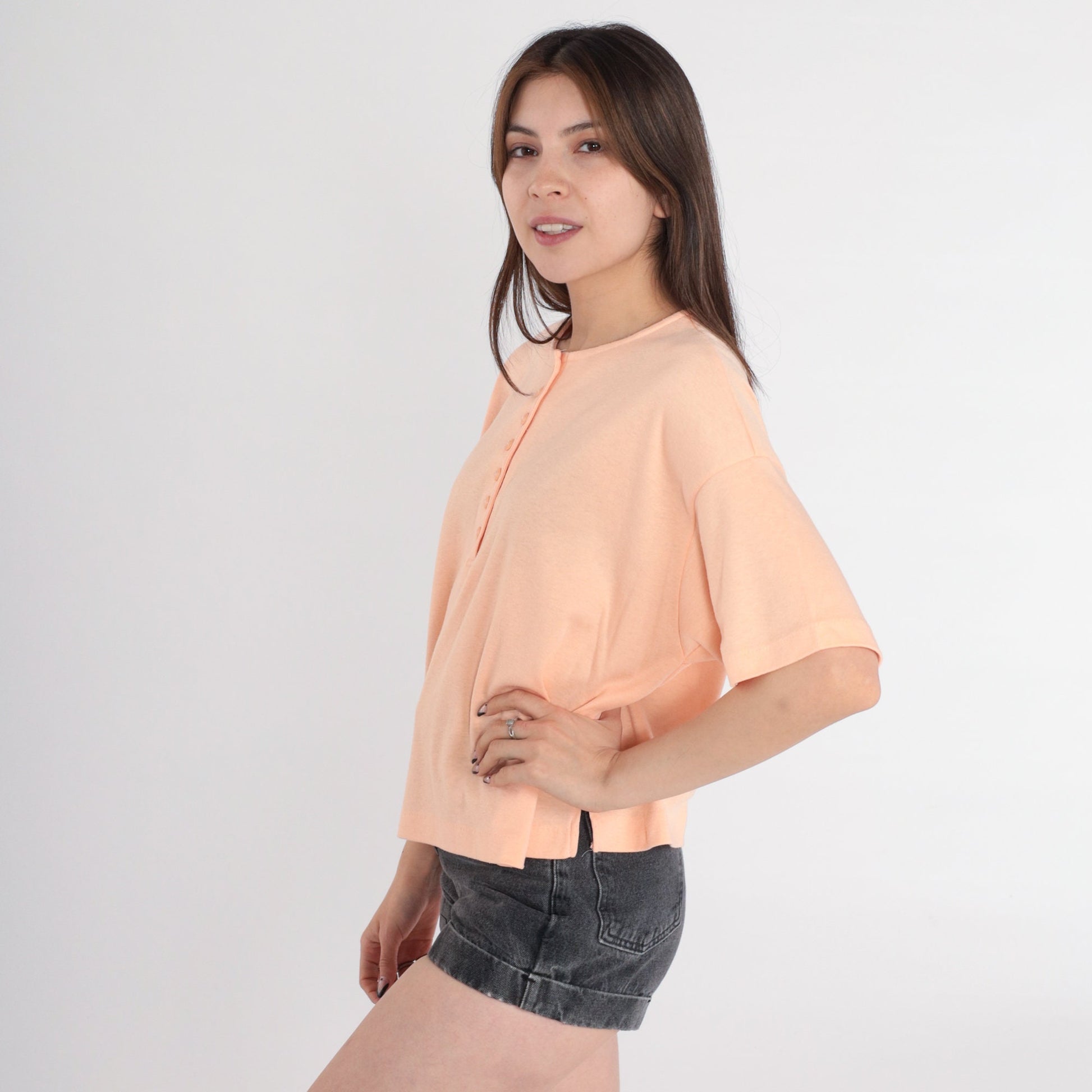 80s Catalina Peach Henley T-Shirt Cotton Single Stitch Medium