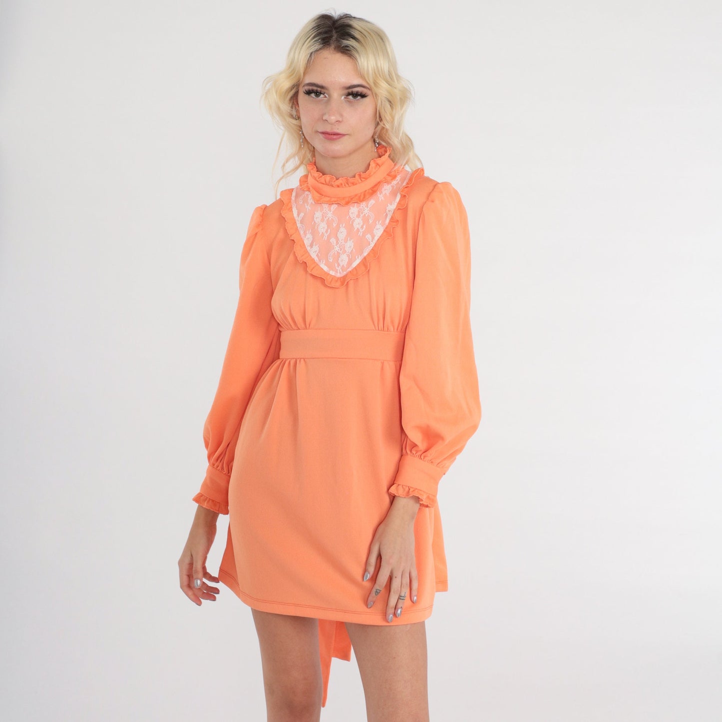 70s Orange Mini Dress White Lace Bib Empire Waist Puff Sleeve Small