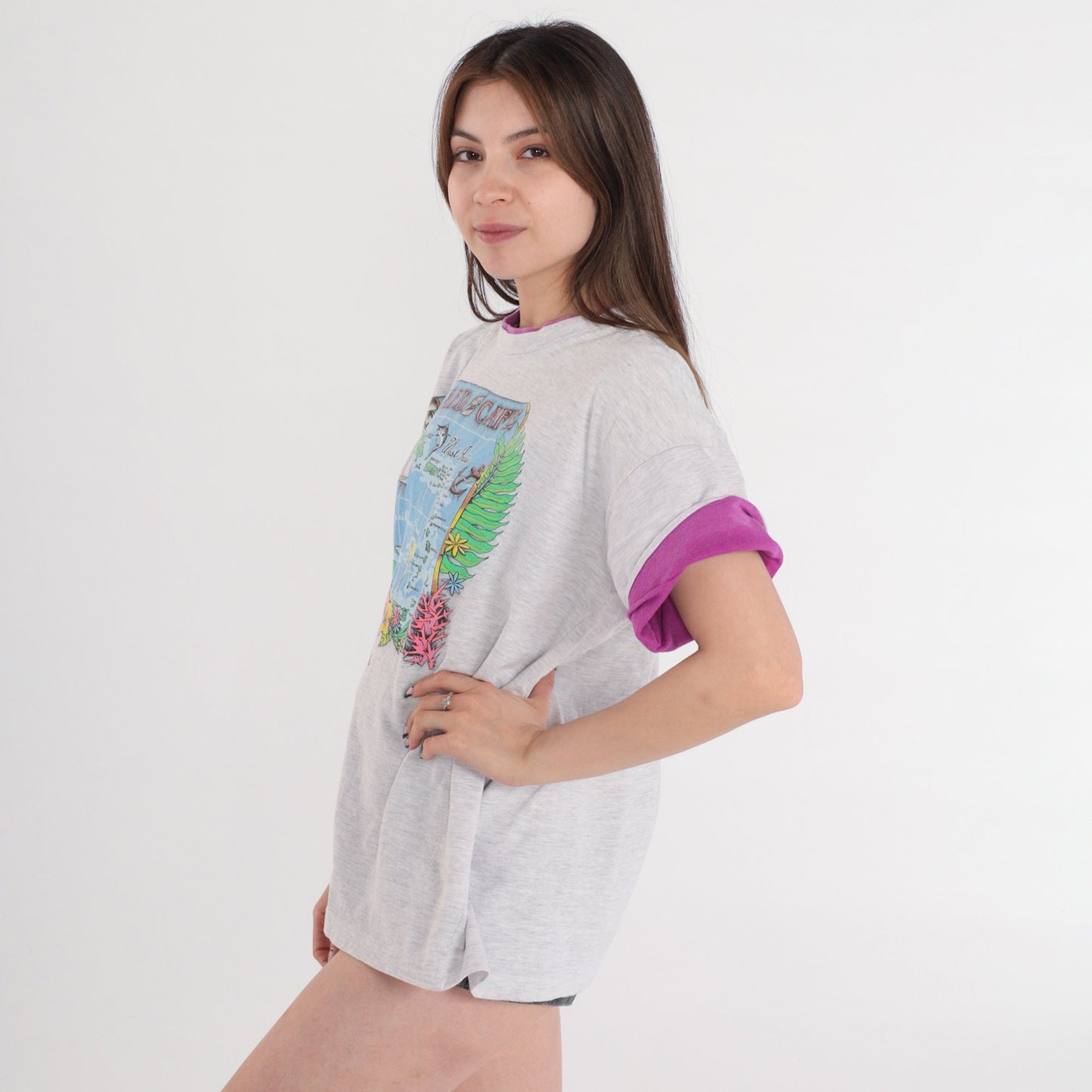 90s Island Cafe Aruba Graphic T-Shirt Grey Purple Cuff Large