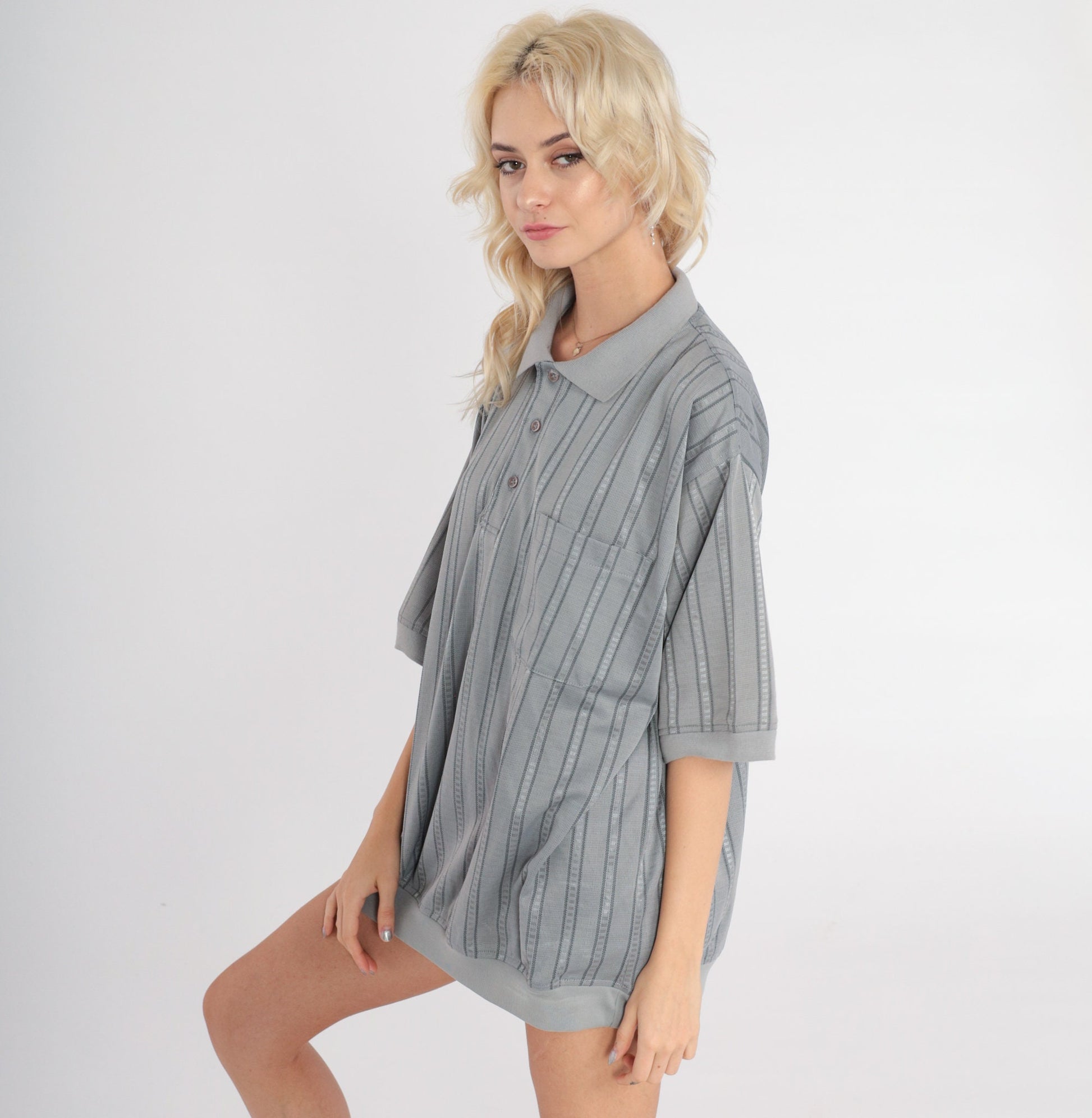 80s Grey Striped Polo Shirt Half Button Short Sleeve Men's Extra Large XL
